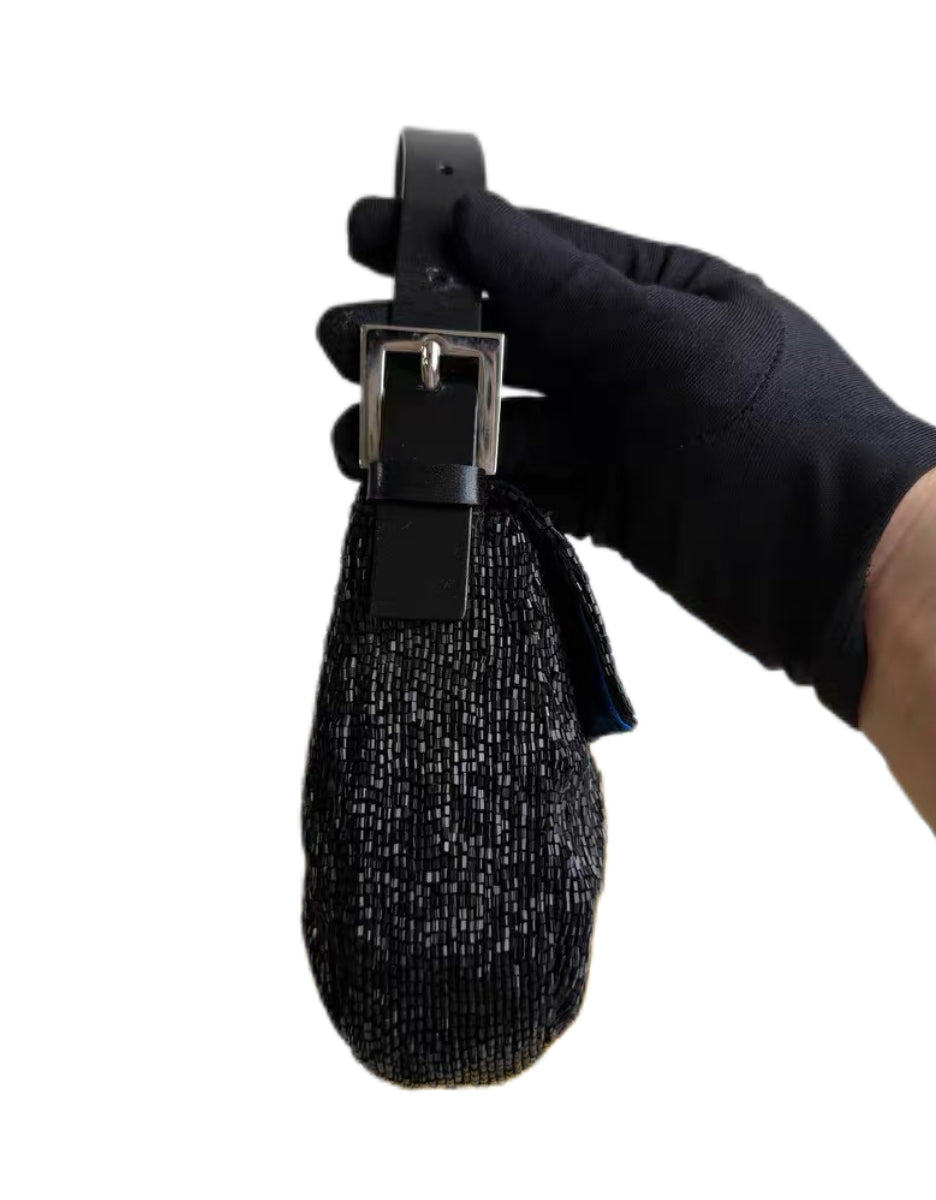Fendi Rare Black Hand-Beaded Baguette Shoulder Bag
