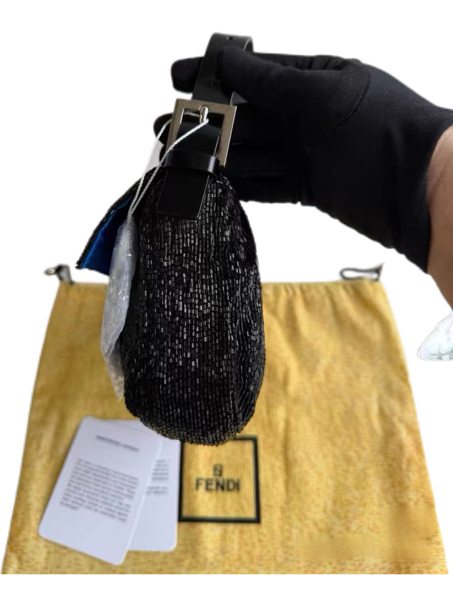 Fendi Rare Black Hand-Beaded Baguette Shoulder Bag