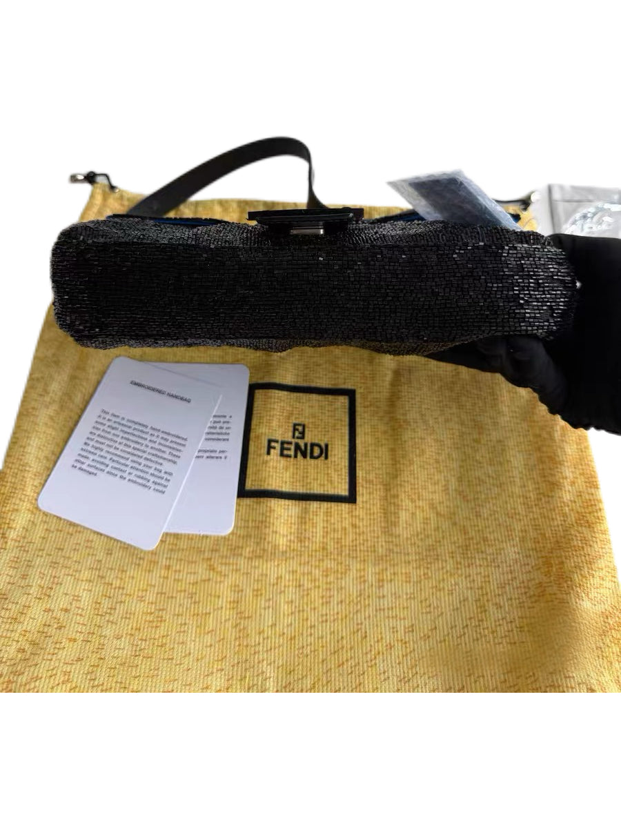 Fendi Rare Black Hand-Beaded Baguette Shoulder Bag
