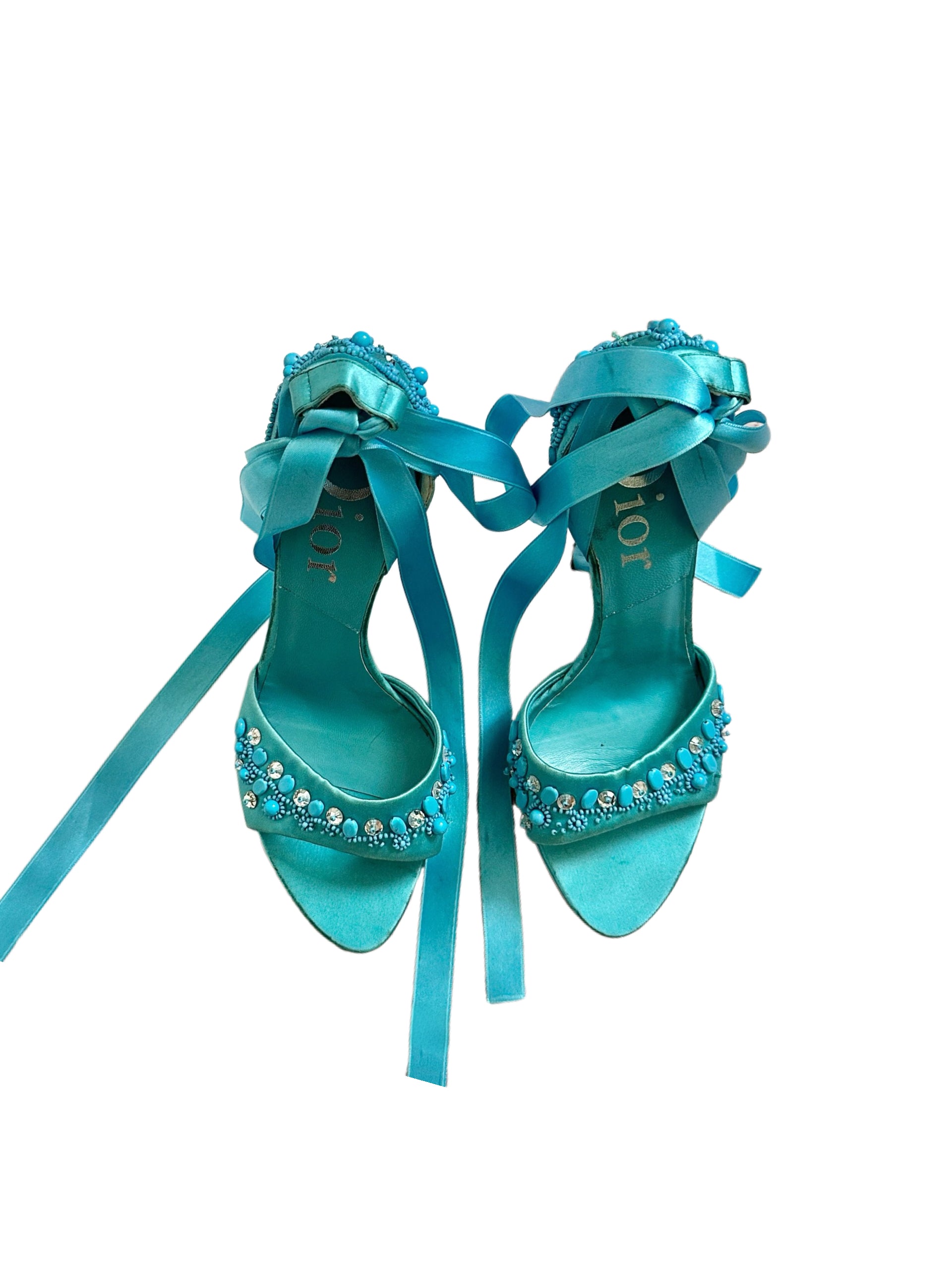 Christian Dior by John Galliano Turquoise Beaded Embellished Satin Ribbon Sandals