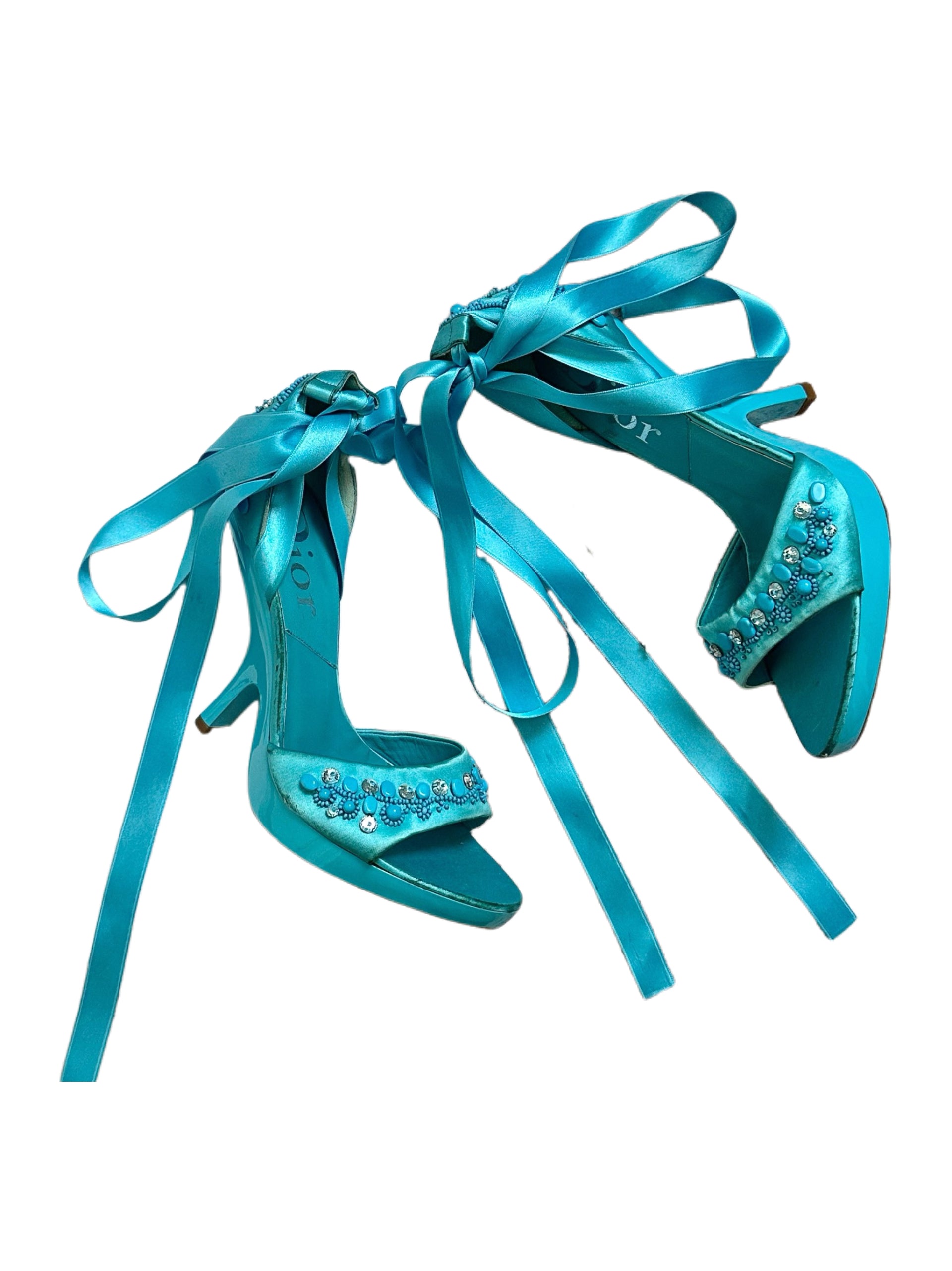 Christian Dior by John Galliano Turquoise Beaded Embellished Satin Ribbon Sandals