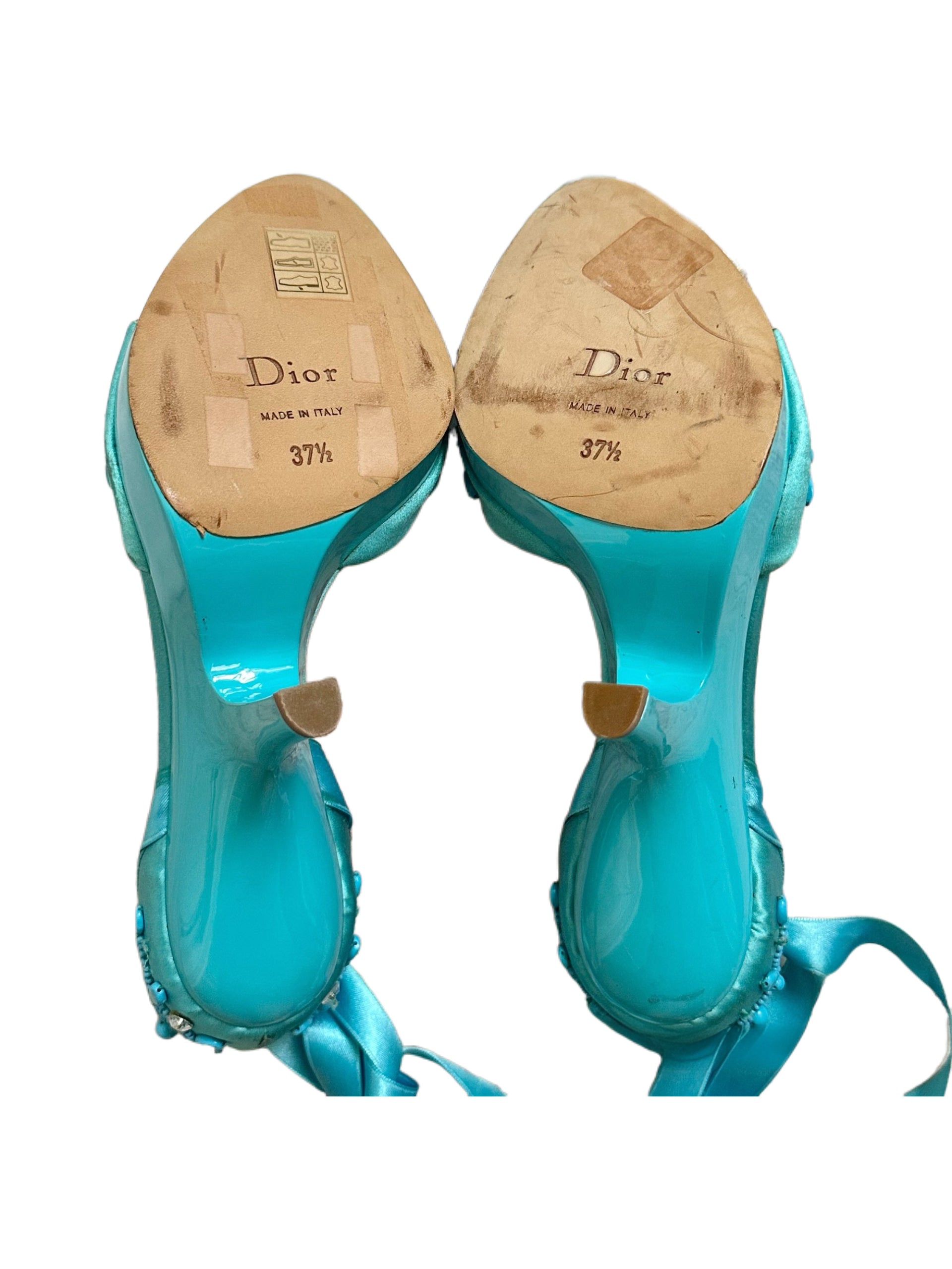 Christian Dior by John Galliano Turquoise Beaded Embellished Satin Ribbon Sandals