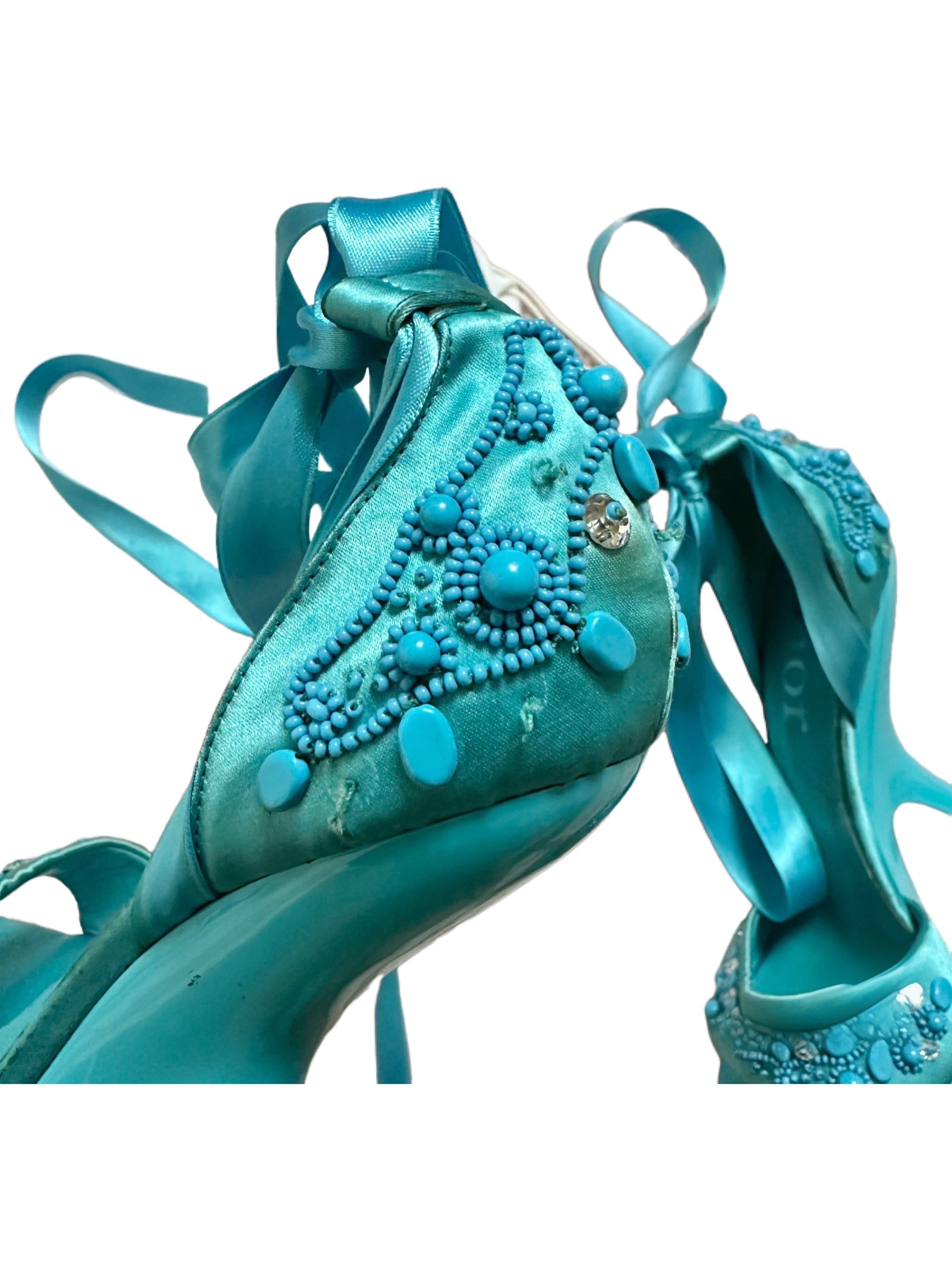 Christian Dior by John Galliano Turquoise Beaded Embellished Satin Ribbon Sandals