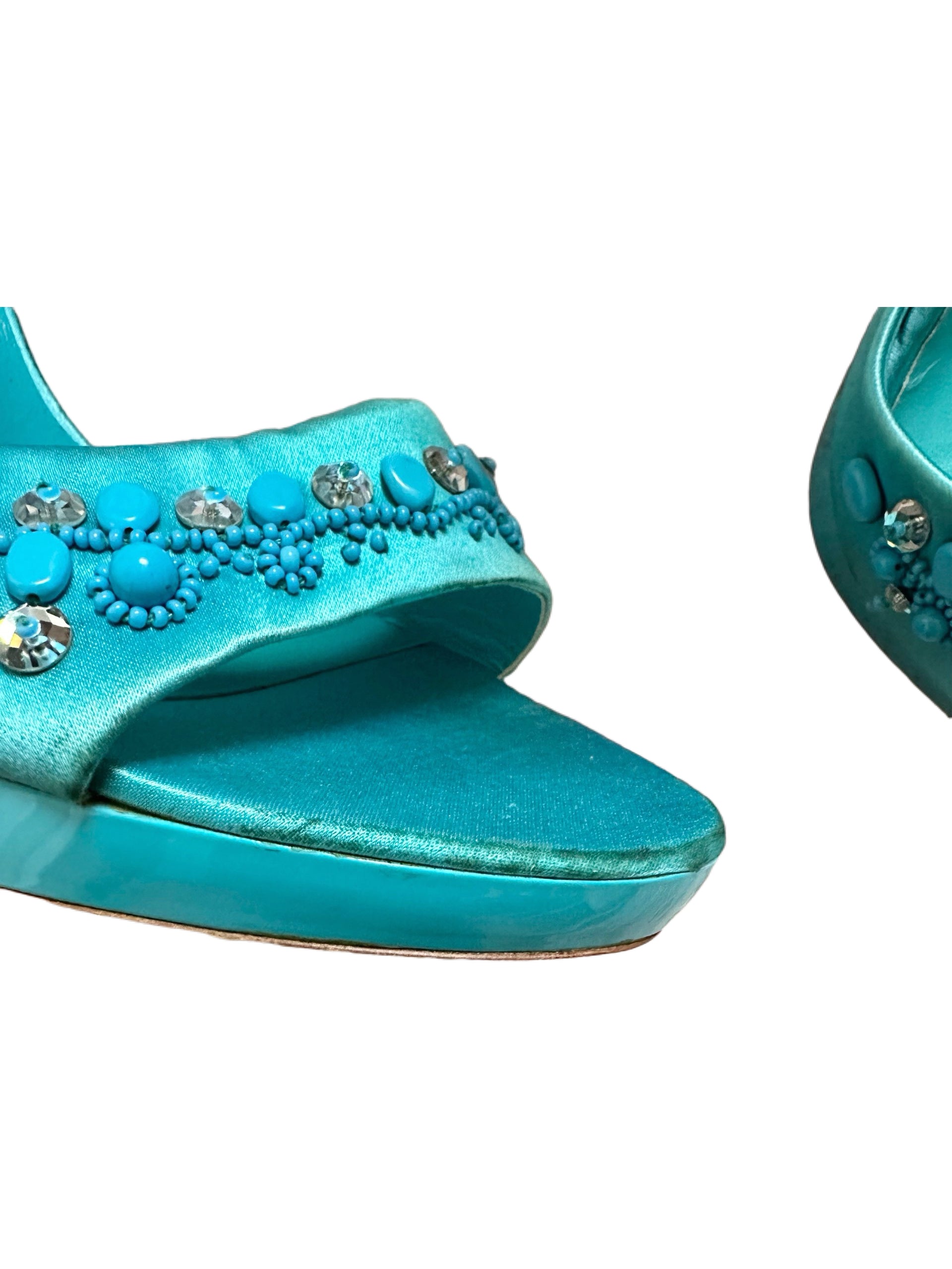 Christian Dior by John Galliano Turquoise Beaded Embellished Satin Ribbon Sandals