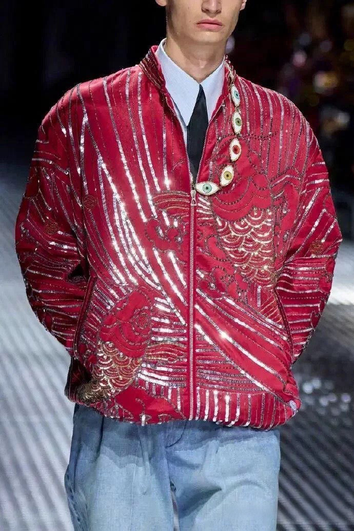 Gucci Runway Embellished Koi Silk Bomber Jacket