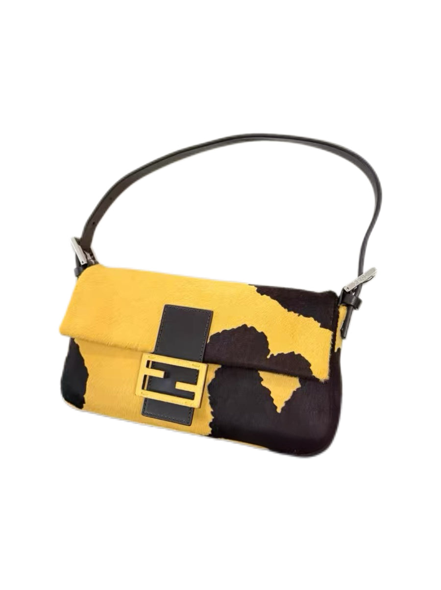 Fendi Yellow & Brown Calf Hair Cow Print Baguette Bag