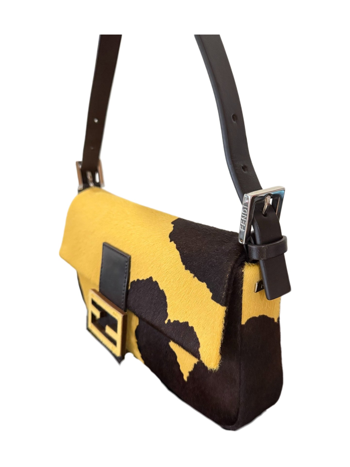 Fendi Yellow & Brown Calf Hair Cow Print Baguette Bag