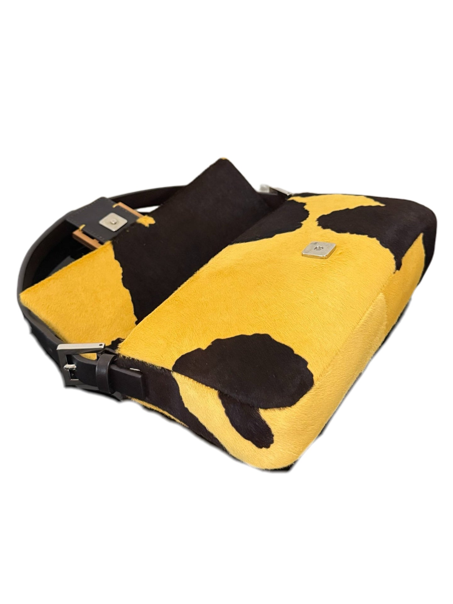 Fendi Yellow & Brown Calf Hair Cow Print Baguette Bag