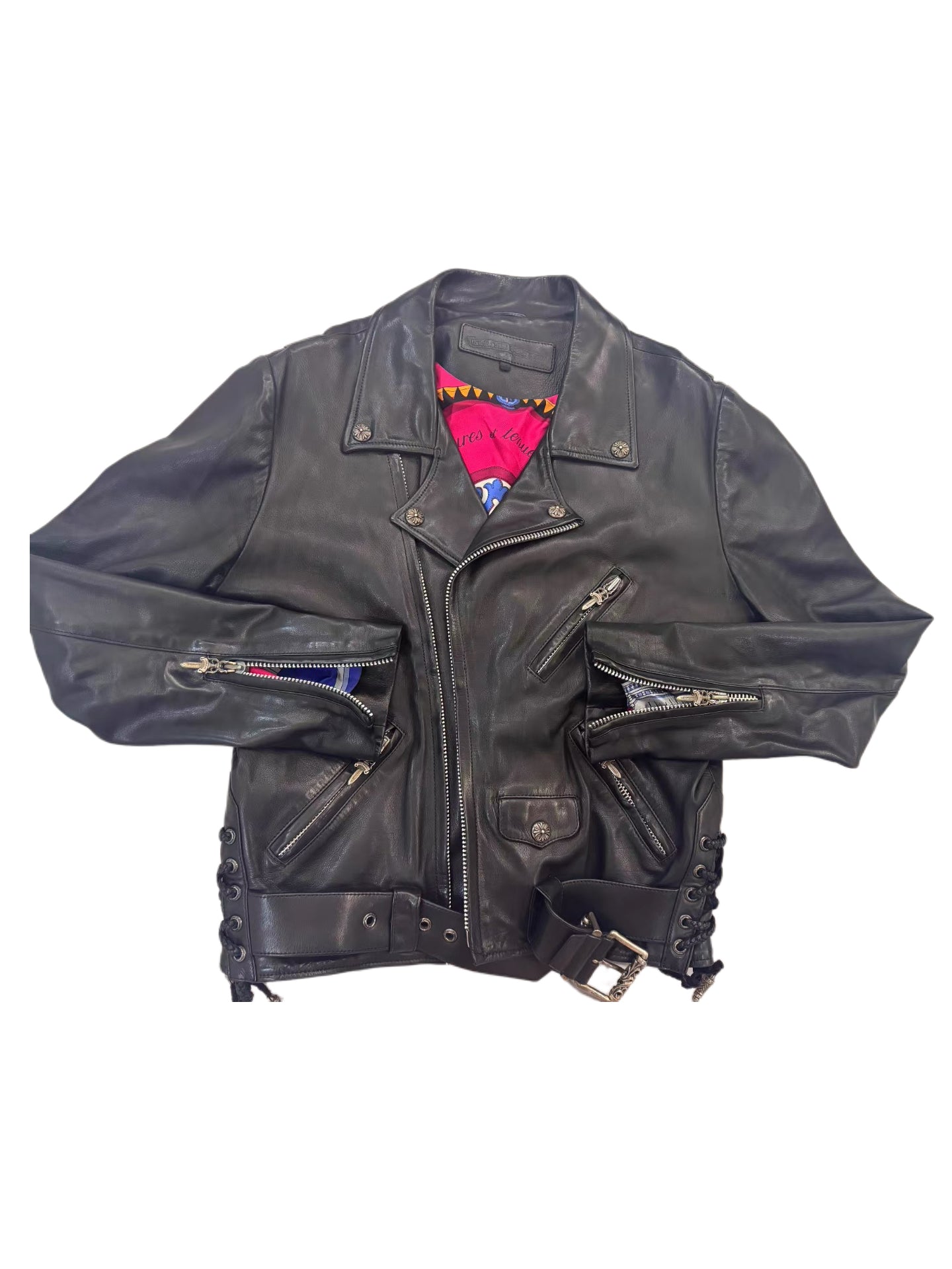 Chrome Hearts Black Leather Rider Jacket with Hermès Silk Scarf Lining – Rare Archive Biker Jacket