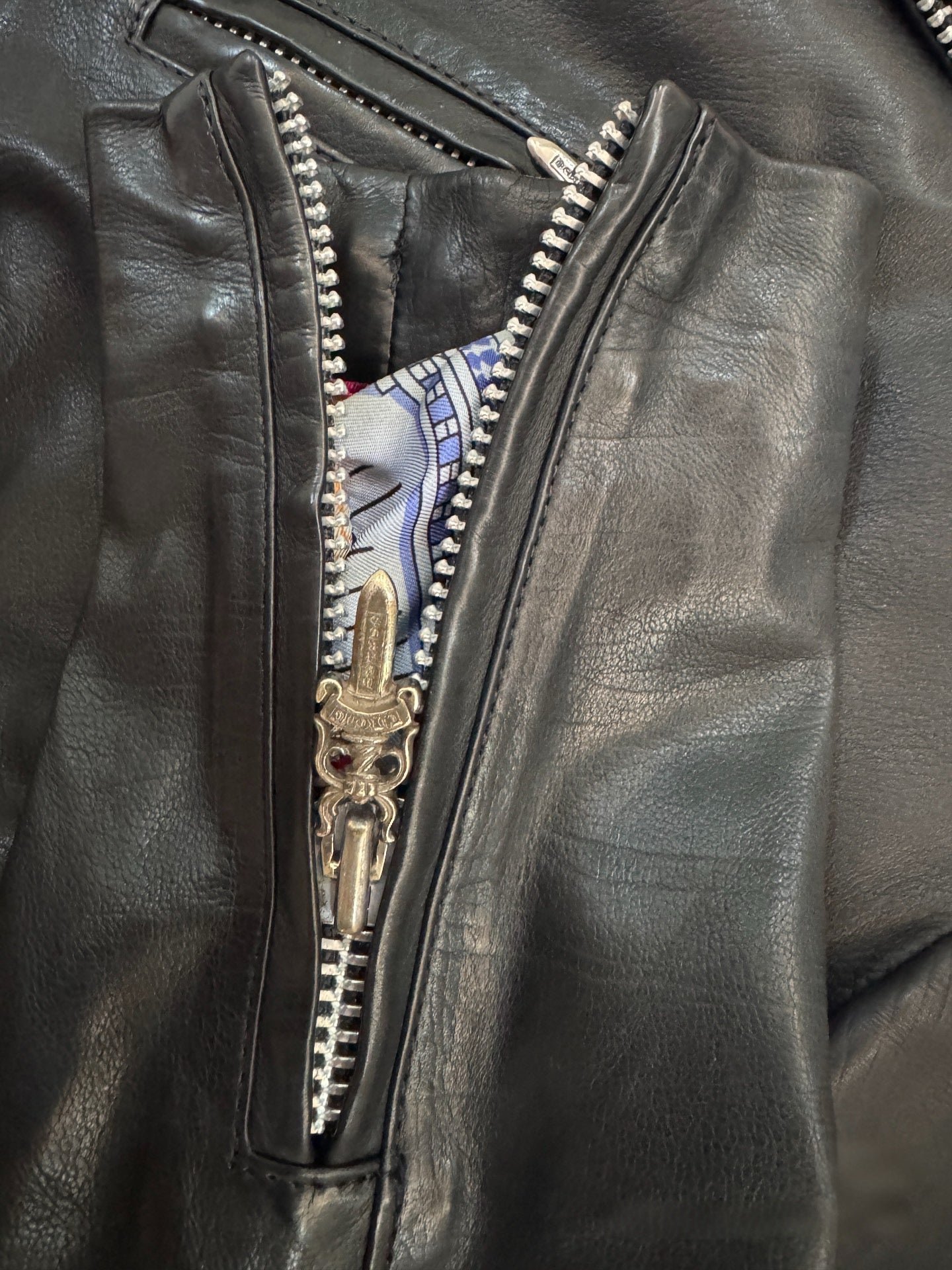 Chrome Hearts Black Leather Rider Jacket with Hermès Silk Scarf Lining – Rare Archive Biker Jacket