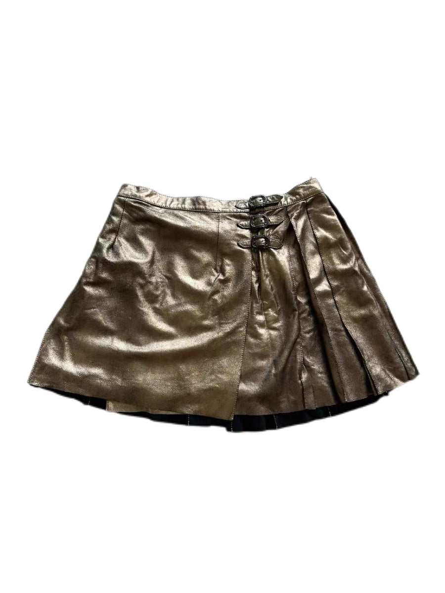 Chrome Hearts Bronze Metallic Leather Pleated Mini Skirt – Rare Adjustable Archive Piece