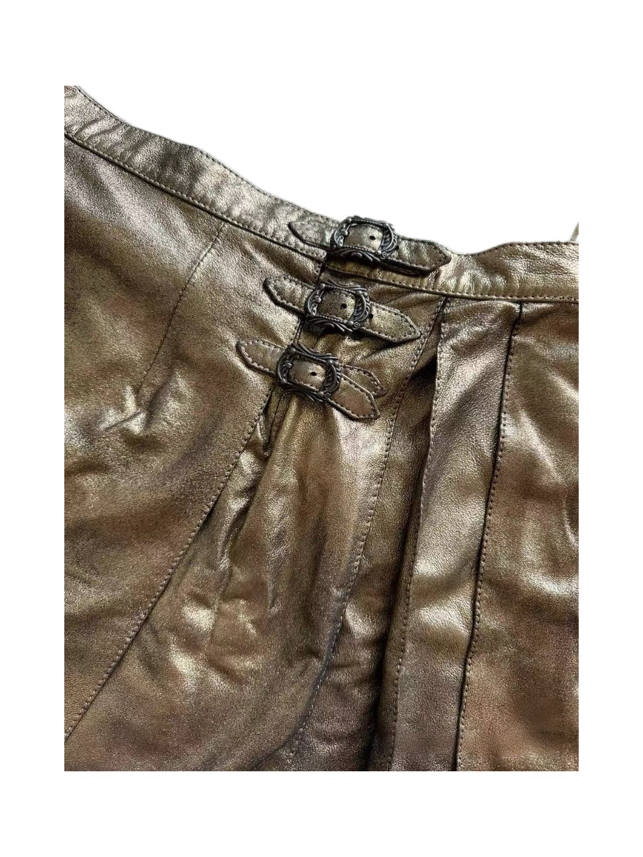 Chrome Hearts Bronze Metallic Leather Pleated Mini Skirt – Rare Adjustable Archive Piece