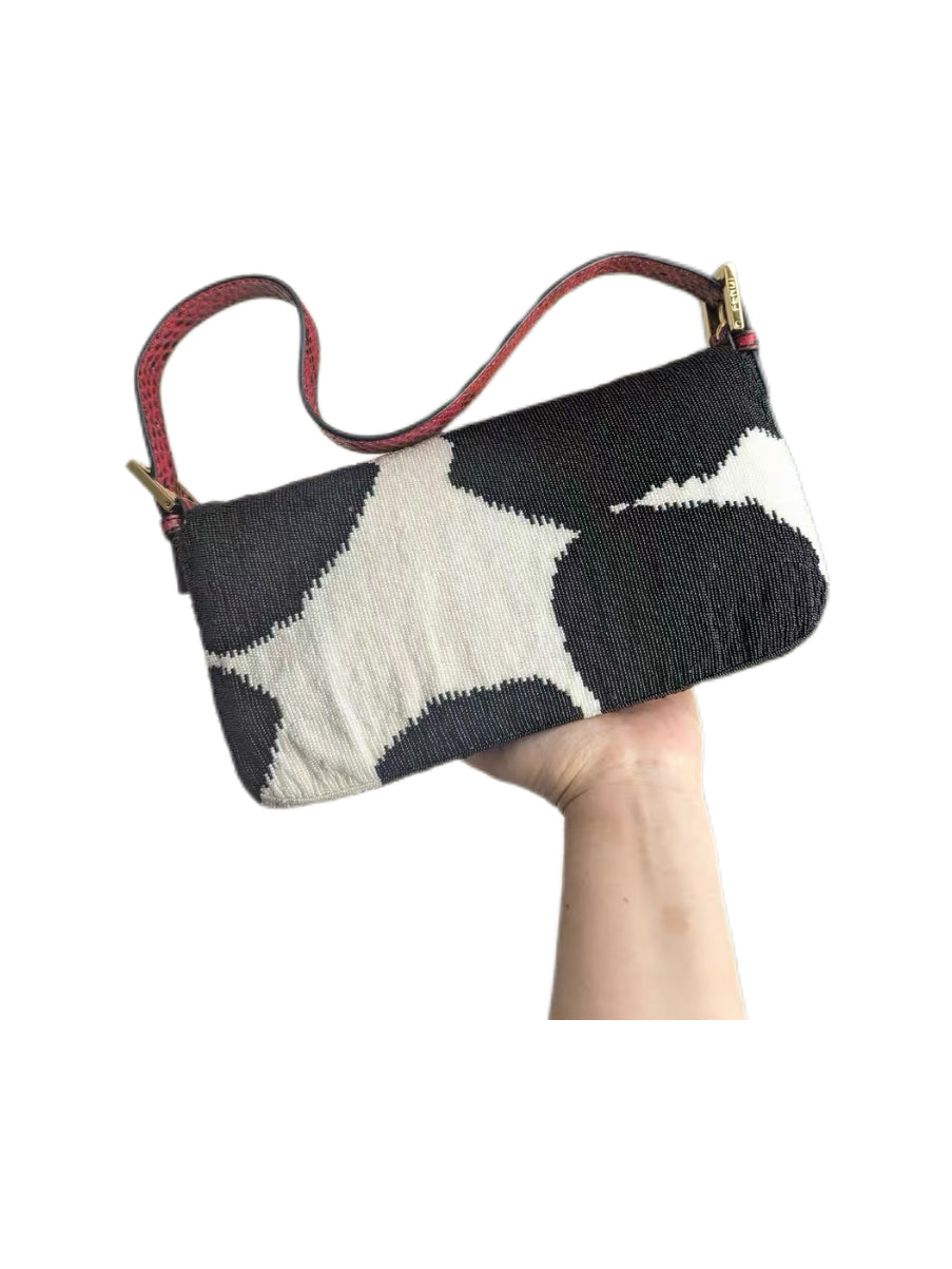 Fendi Vintage Beaded Cow Print Baguette Bag Crystal FF Buckle Limited Edition Ultra Rare Collector Piece