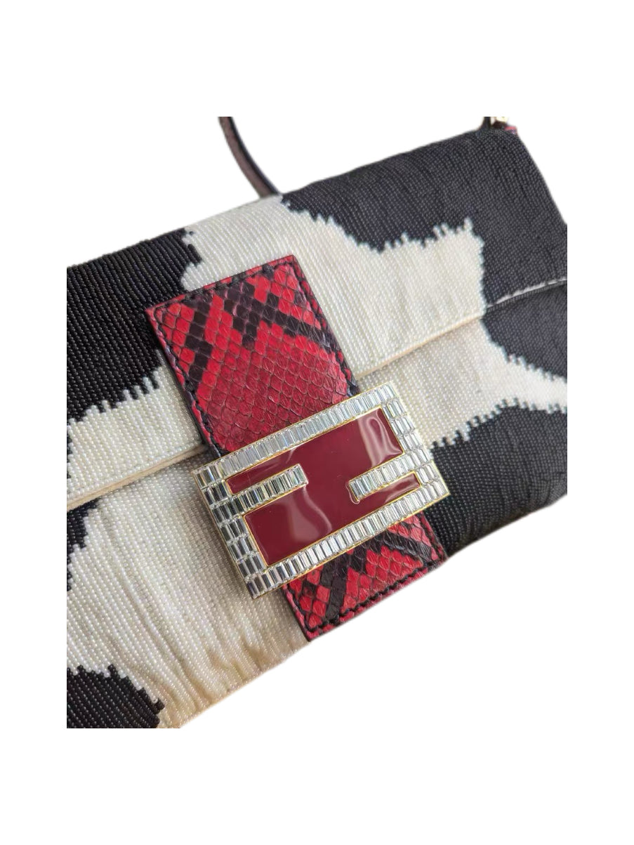 Fendi Vintage Beaded Cow Print Baguette Bag Crystal FF Buckle Limited Edition Ultra Rare Collector Piece