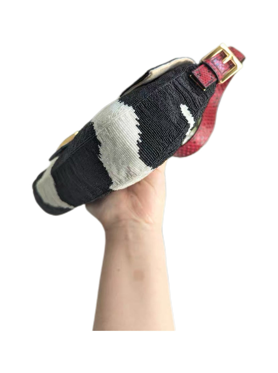 Fendi Vintage Beaded Cow Print Baguette Bag Crystal FF Buckle Limited Edition Ultra Rare Collector Piece