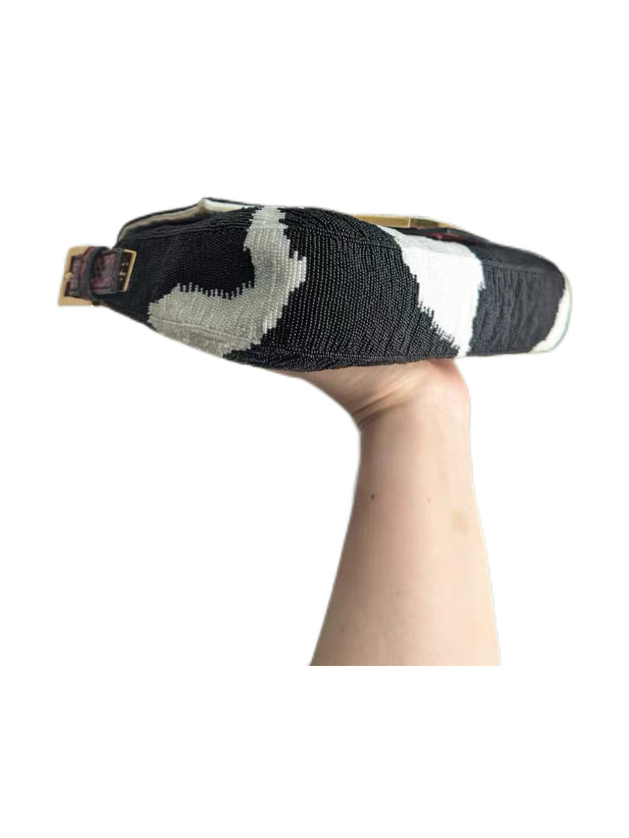 Fendi Vintage Beaded Cow Print Baguette Bag Crystal FF Buckle Limited Edition Ultra Rare Collector Piece