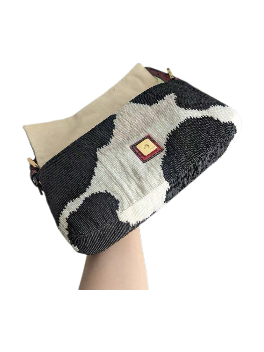 Fendi Vintage Beaded Cow Print Baguette Bag Crystal FF Buckle Limited Edition Ultra Rare Collector Piece
