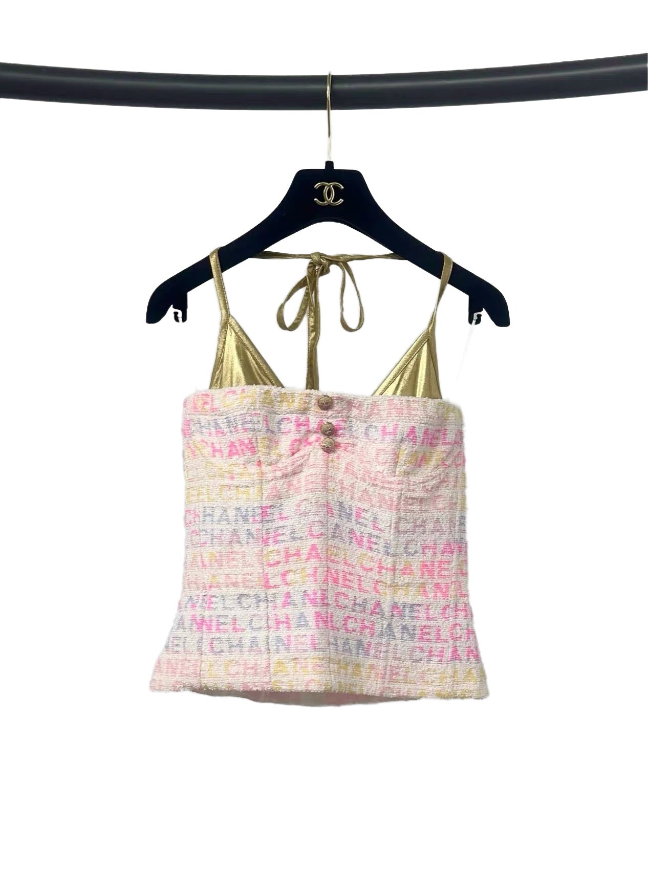 Chanel 24C Multicolor Logo Tweed Halter Top with Gold Metallic Tri-Cup Detail