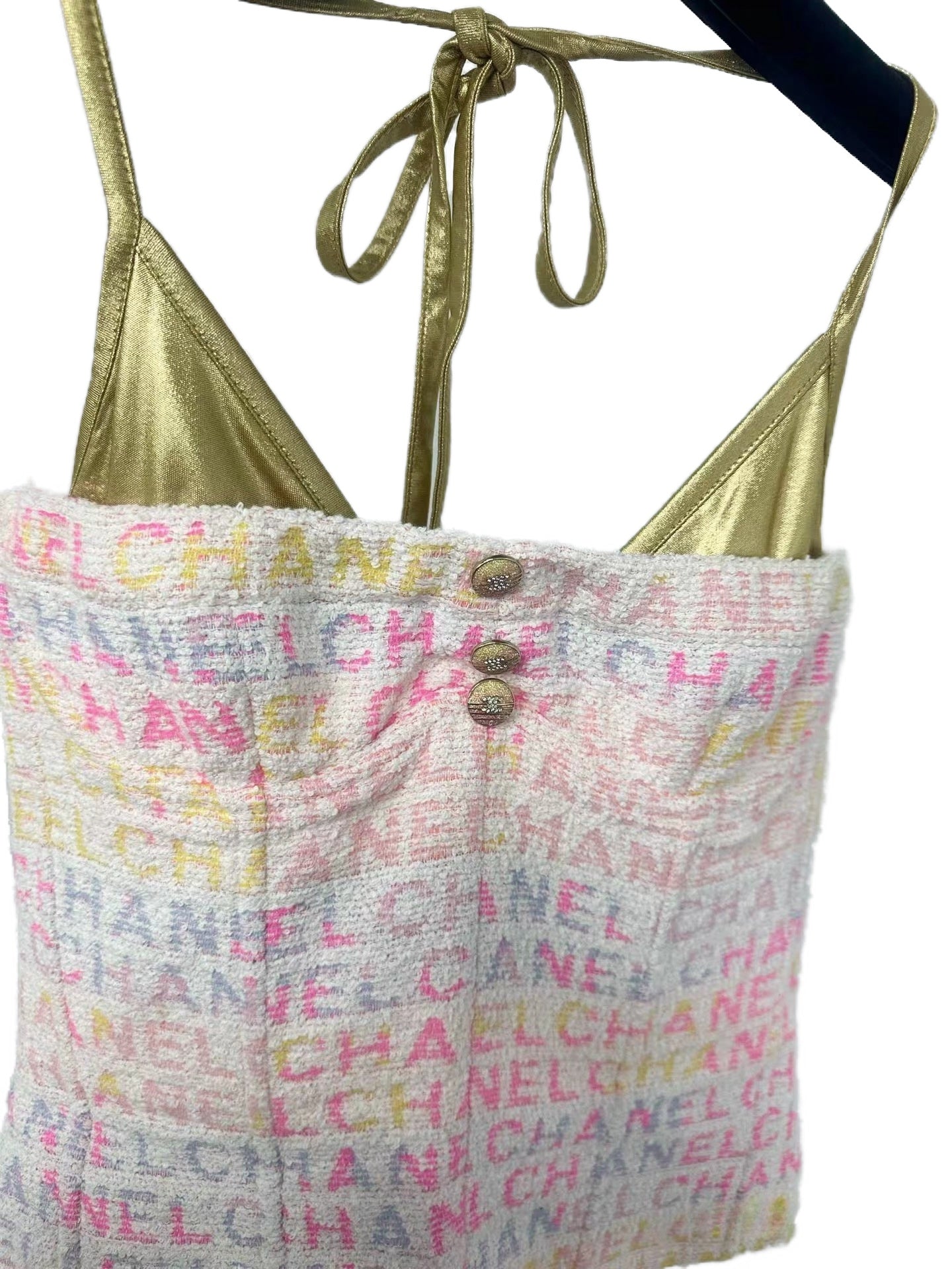 Chanel 24C Multicolor Logo Tweed Halter Top with Gold Metallic Tri-Cup Detail