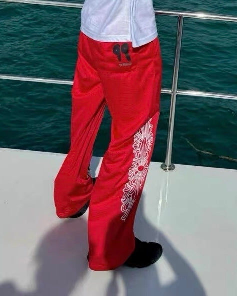 Chrome Hearts Red Mesh Track Pants with Cross Graphic & “Fuck” Motif