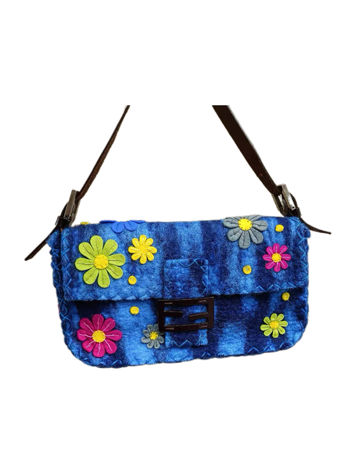 Fendi Vintage Floral Felt Baguette Bag Blue Patchwork Appliqué Runway Style Mini Shoulder Bag Rare Archive Piece
