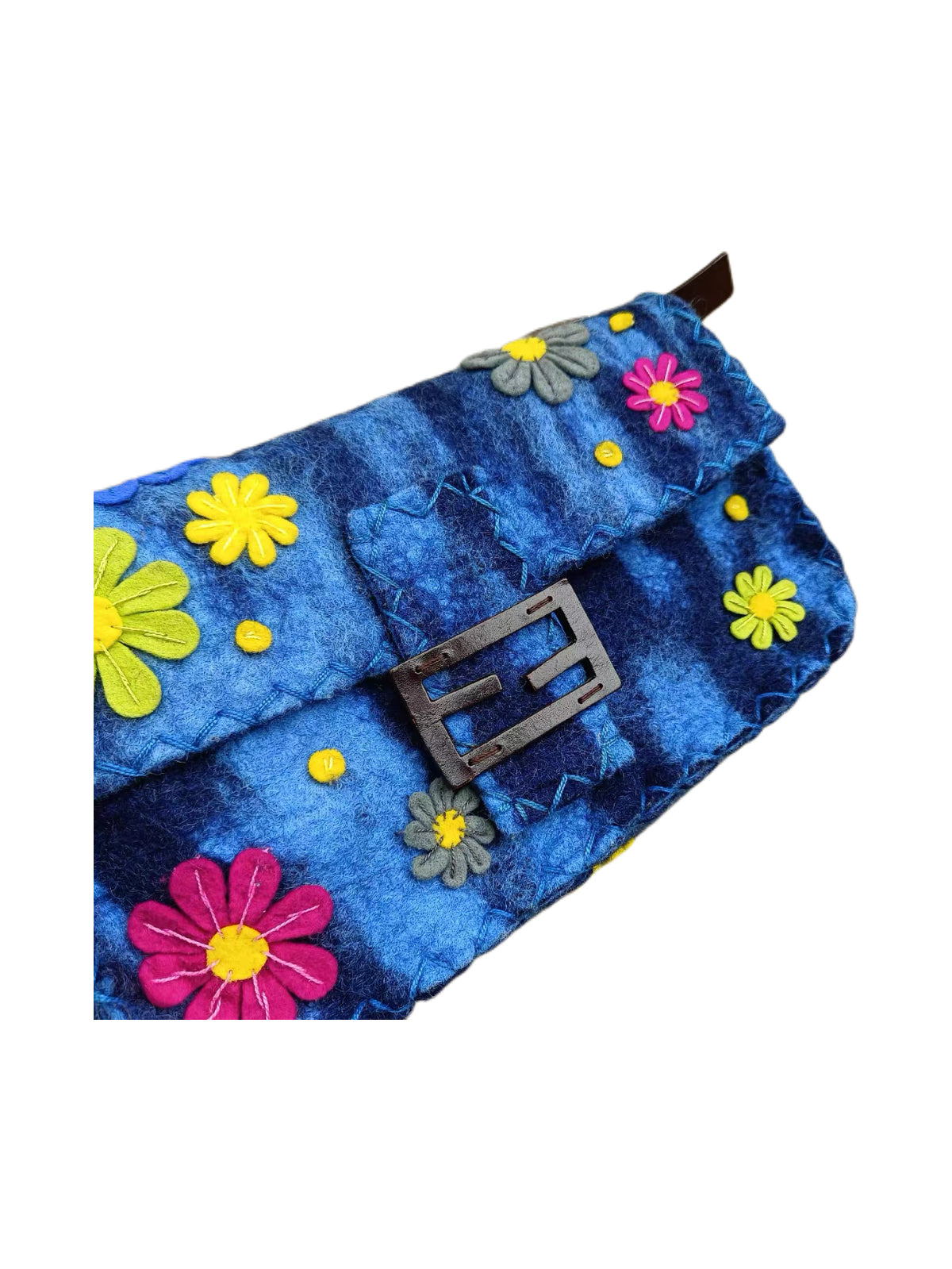 Fendi Vintage Floral Felt Baguette Bag Blue Patchwork Appliqué Runway Style Mini Shoulder Bag Rare Archive Piece