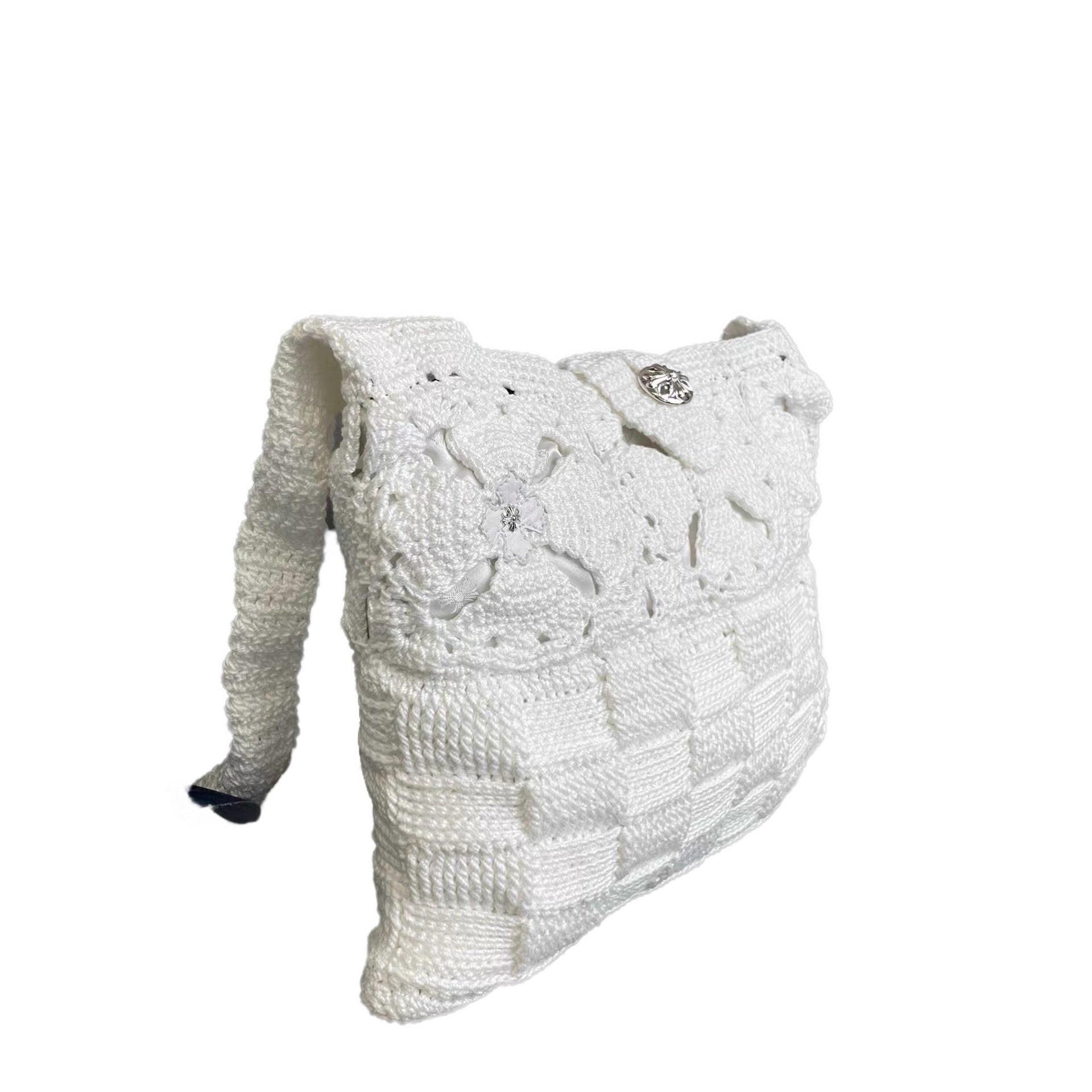 Chrome Hearts White Hand-Crocheted Crossbody Bag with Floral Knit Detail