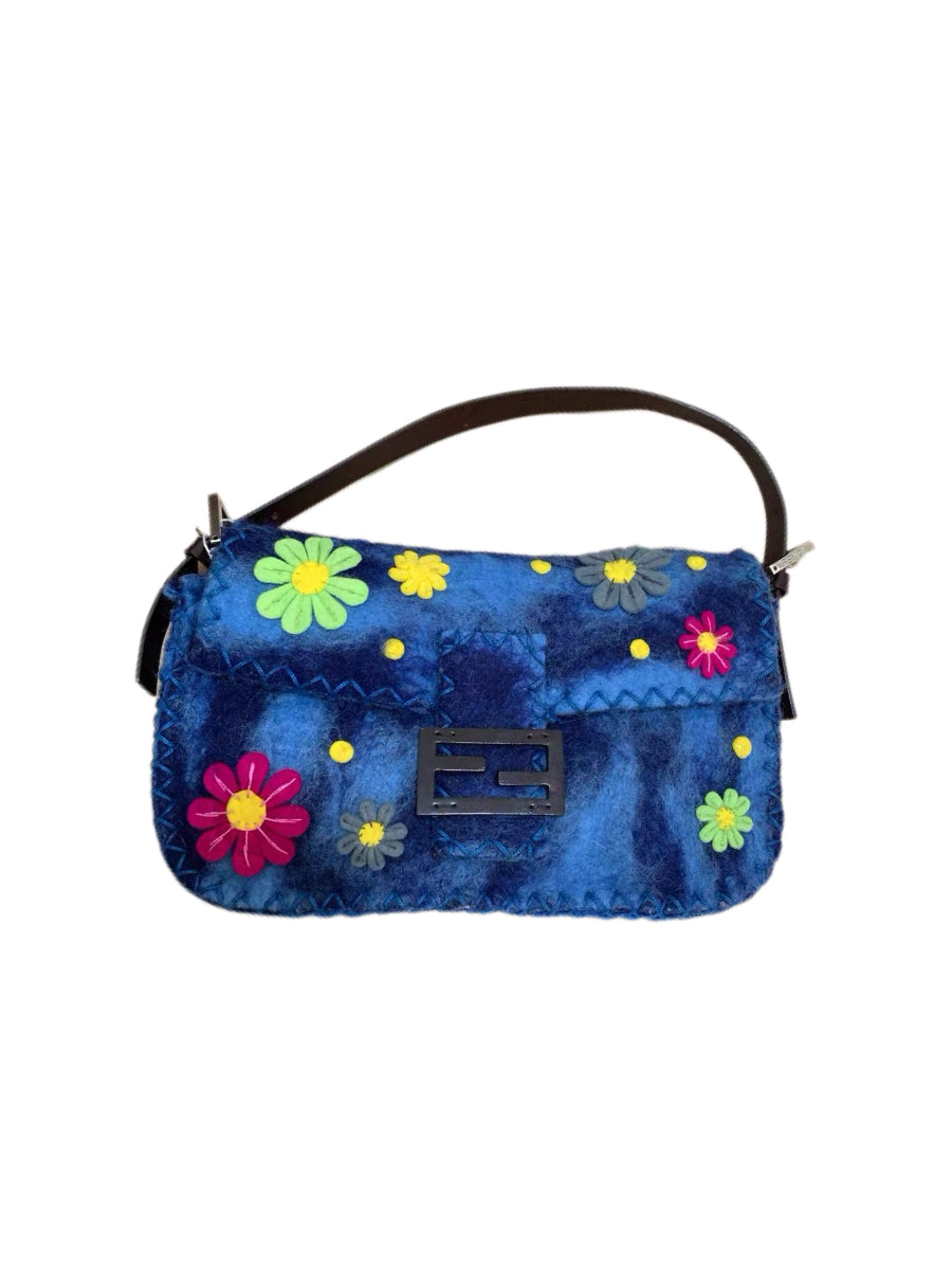 Fendi Vintage Floral Felt Baguette Bag Blue Patchwork Appliqué Runway Style Mini Shoulder Bag Rare Archive Piece
