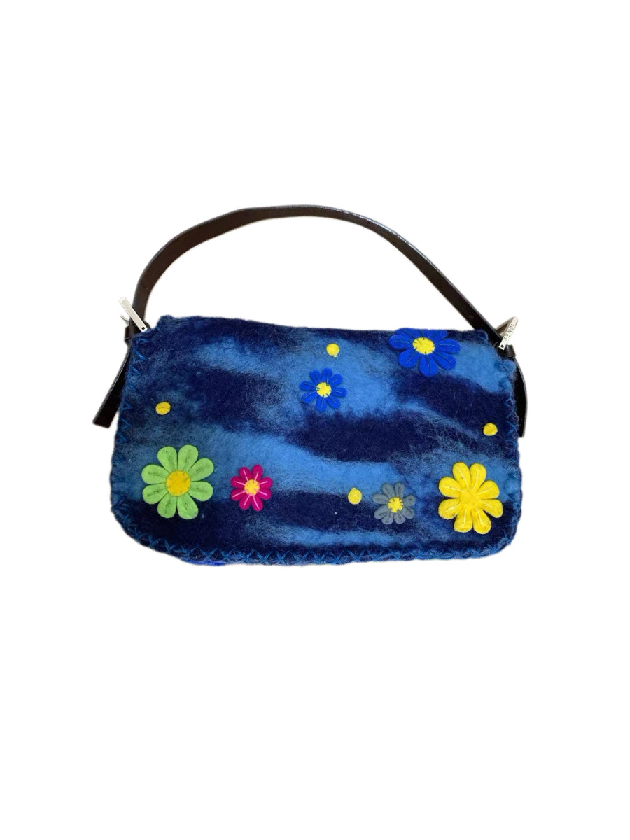 Fendi Vintage Floral Felt Baguette Bag Blue Patchwork Appliqué Runway Style Mini Shoulder Bag Rare Archive Piece