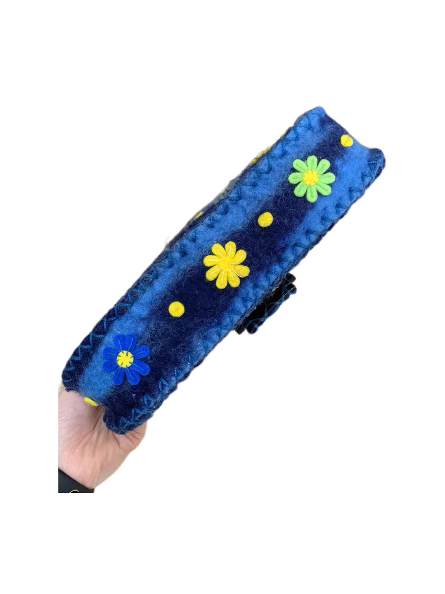 Fendi Vintage Floral Felt Baguette Bag Blue Patchwork Appliqué Runway Style Mini Shoulder Bag Rare Archive Piece