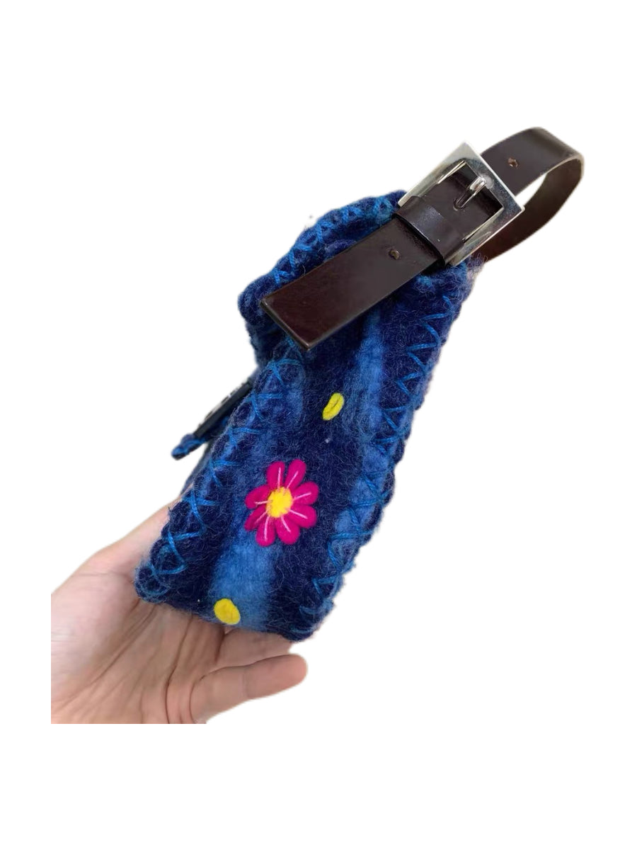 Fendi Vintage Floral Felt Baguette Bag Blue Patchwork Appliqué Runway Style Mini Shoulder Bag Rare Archive Piece