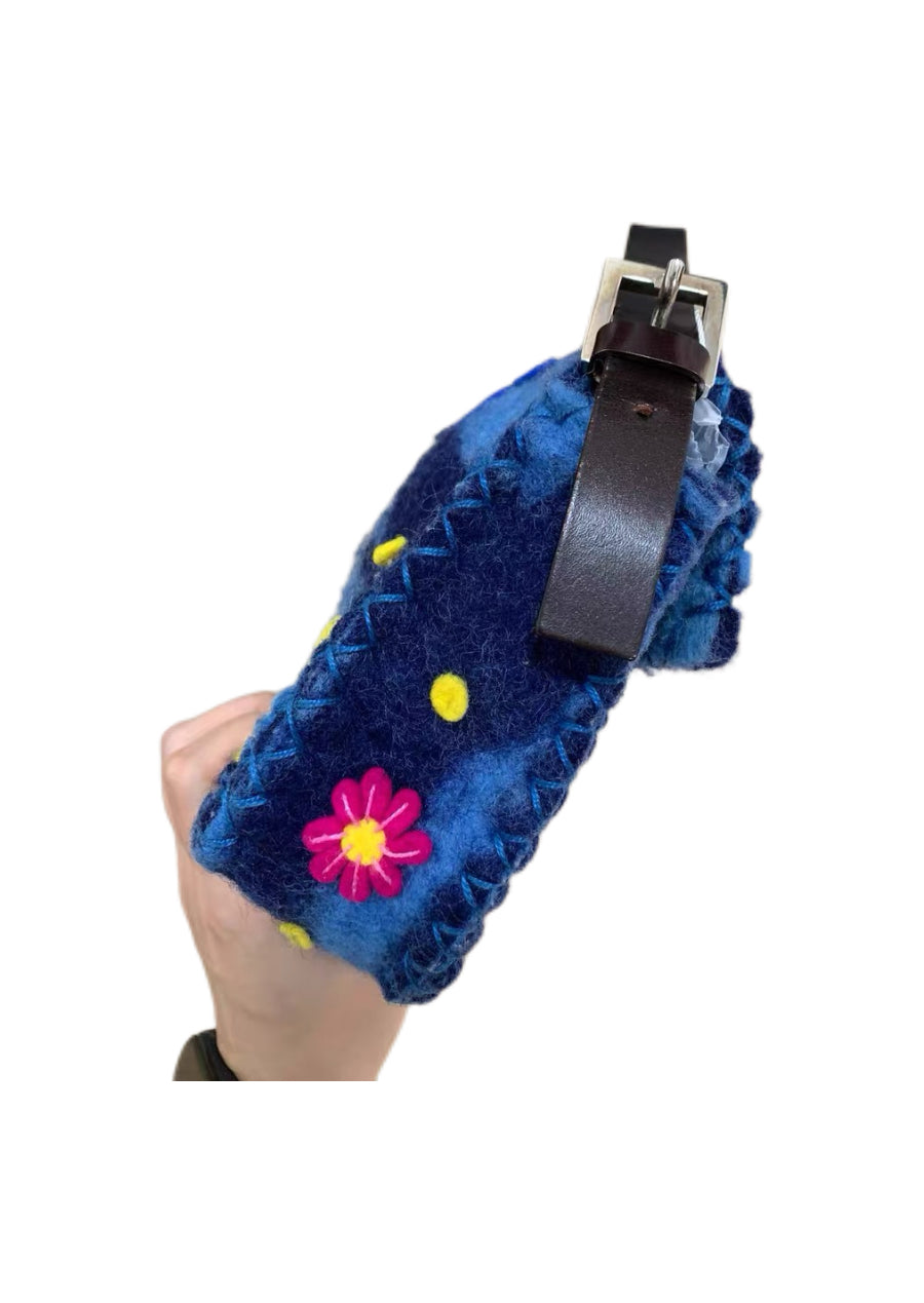 Fendi Vintage Floral Felt Baguette Bag Blue Patchwork Appliqué Runway Style Mini Shoulder Bag Rare Archive Piece