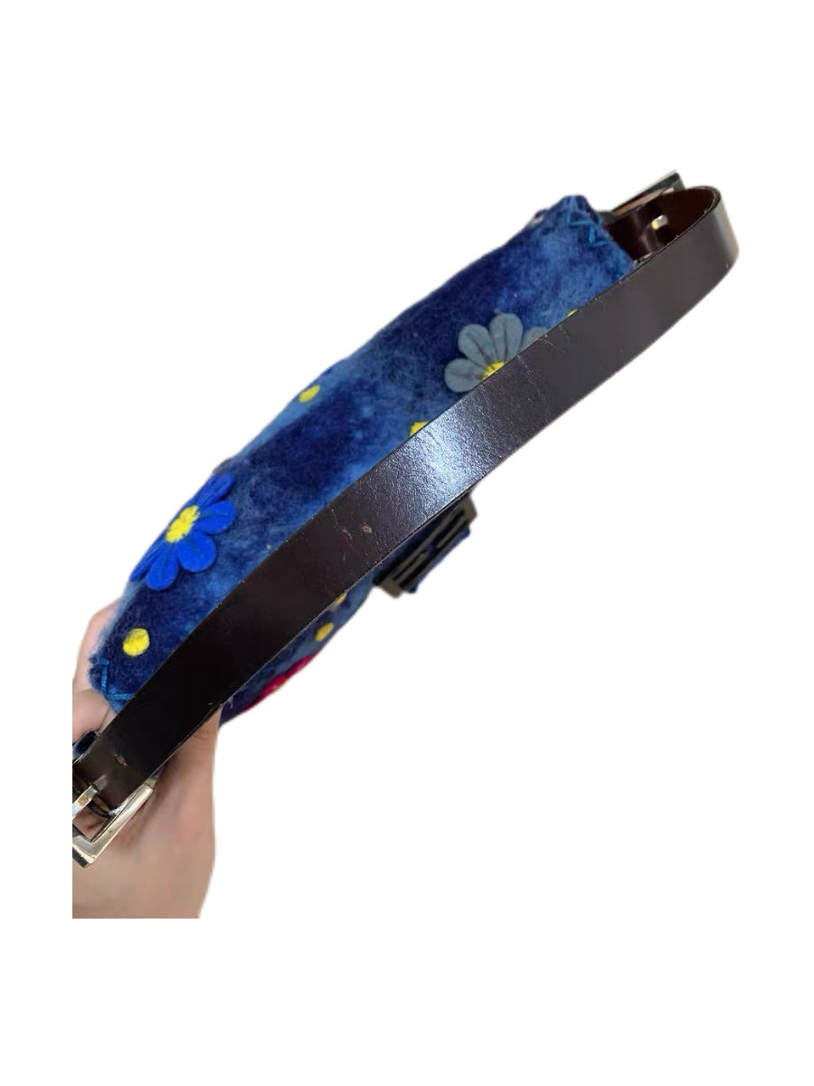 Fendi Vintage Floral Felt Baguette Bag Blue Patchwork Appliqué Runway Style Mini Shoulder Bag Rare Archive Piece