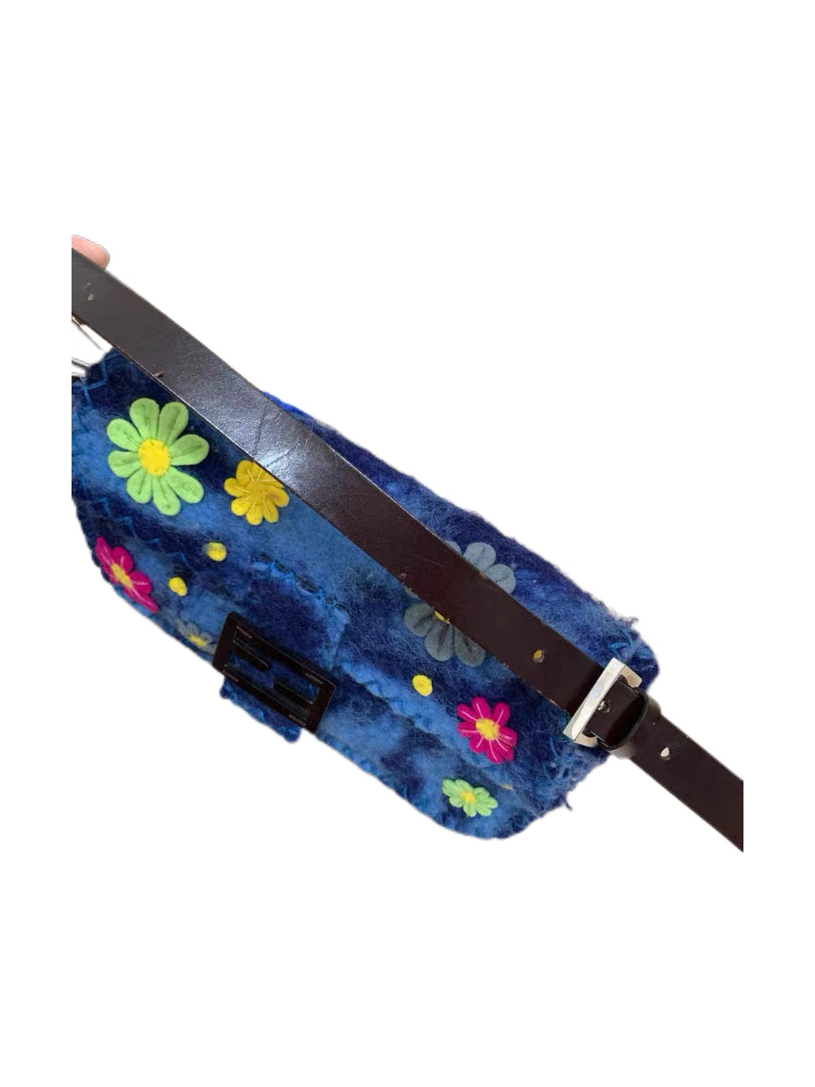 Fendi Vintage Floral Felt Baguette Bag Blue Patchwork Appliqué Runway Style Mini Shoulder Bag Rare Archive Piece