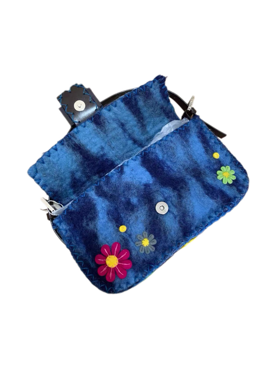 Fendi Vintage Floral Felt Baguette Bag Blue Patchwork Appliqué Runway Style Mini Shoulder Bag Rare Archive Piece