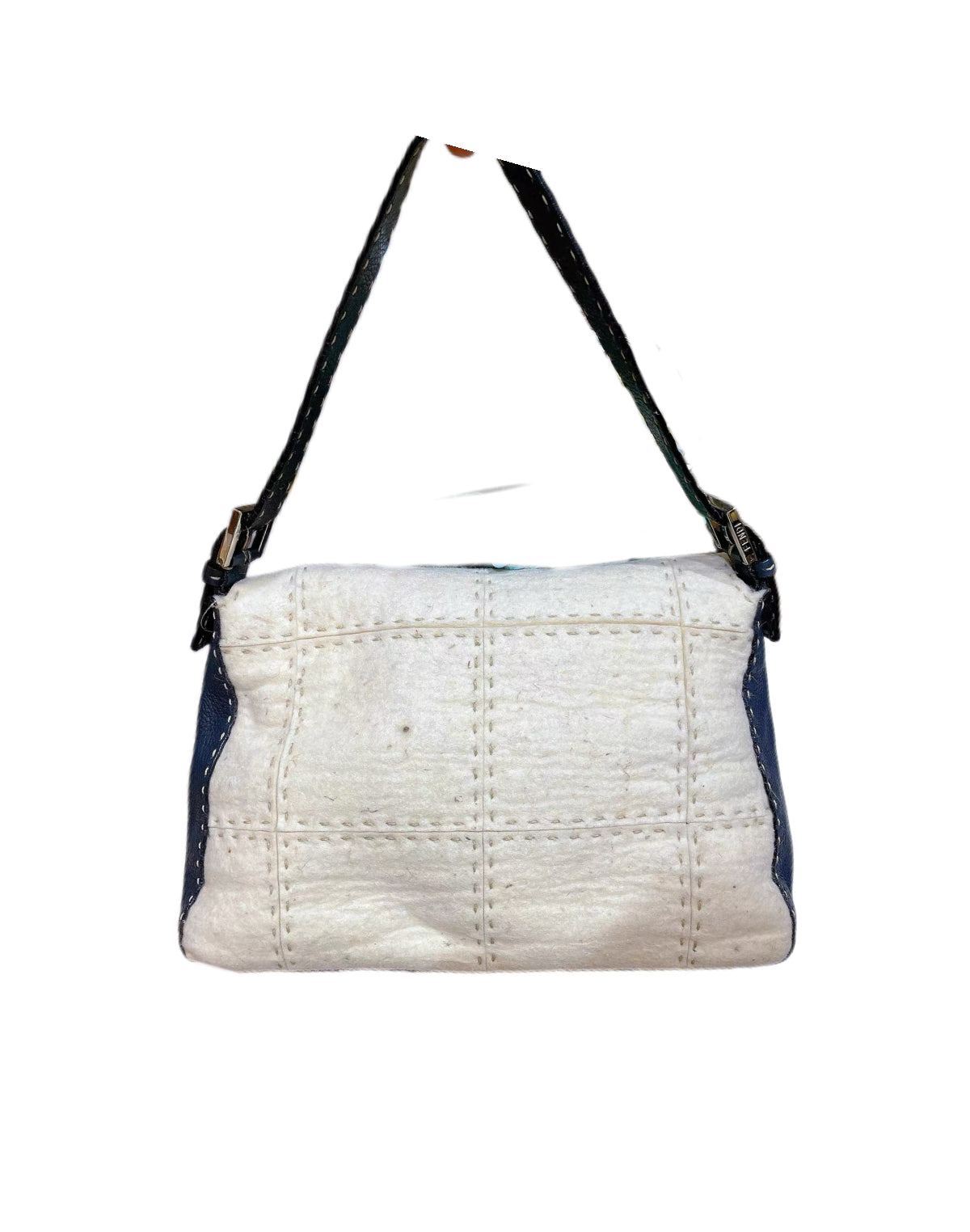 Fendi Selleria Vintage Floral Felt Baguette Bag Medium Blue & White Patchwork DIY Appliqué Runway Style Rare Numbered Piece
