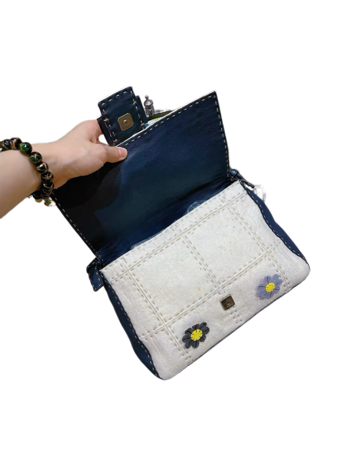 Fendi Selleria Vintage Floral Felt Baguette Bag Medium Blue & White Patchwork DIY Appliqué Runway Style Rare Numbered Piece