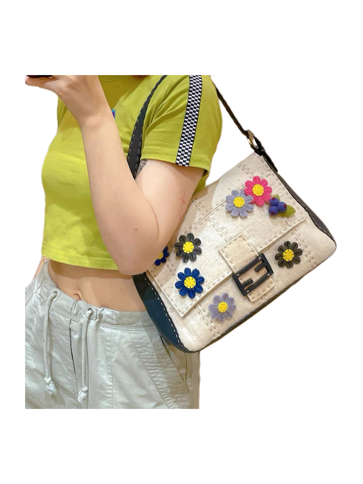 Fendi Selleria Vintage Floral Felt Baguette Bag Medium Blue & White Patchwork DIY Appliqué Runway Style Rare Numbered Piece
