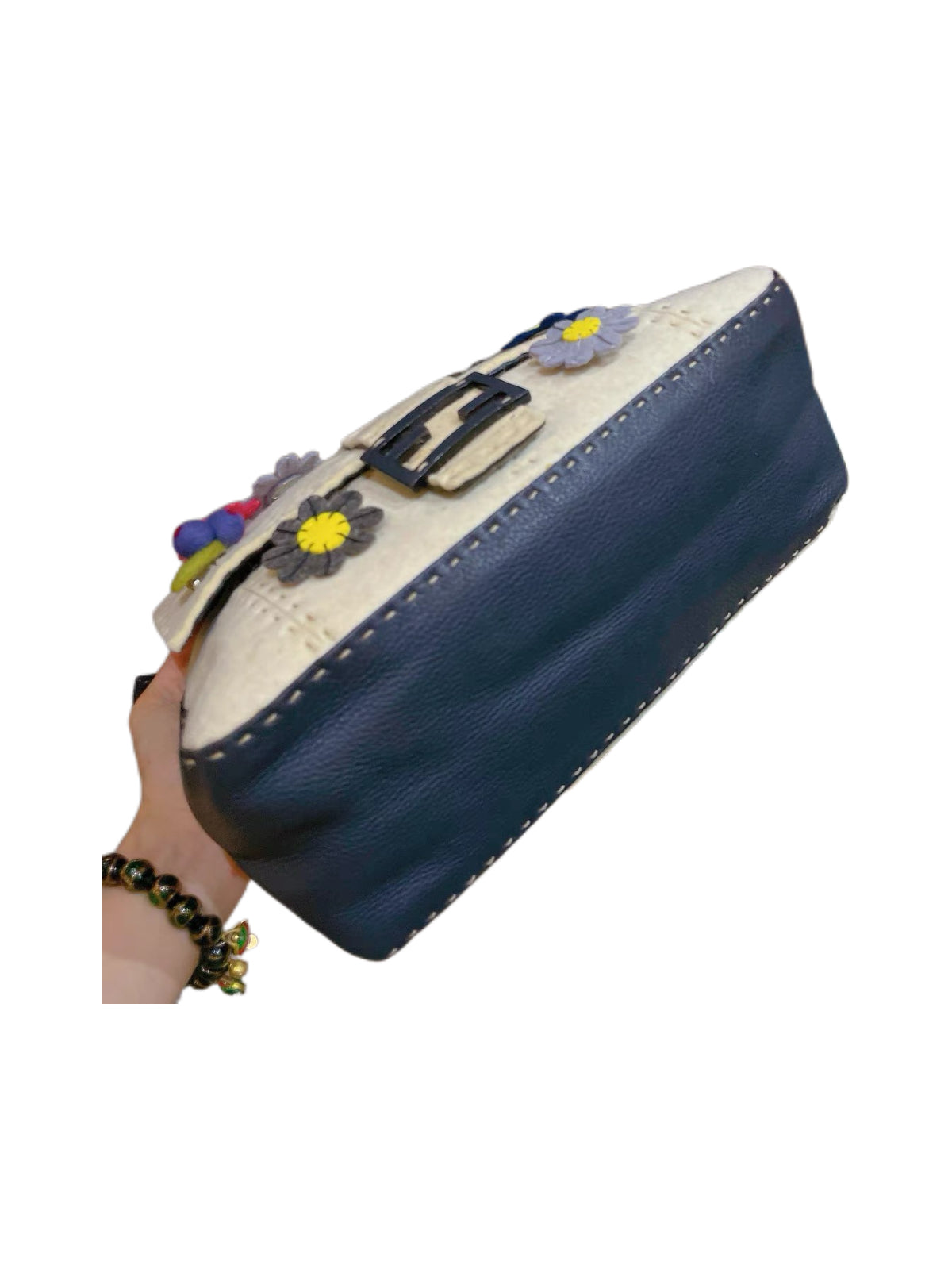 Fendi Selleria Vintage Floral Felt Baguette Bag Medium Blue & White Patchwork DIY Appliqué Runway Style Rare Numbered Piece