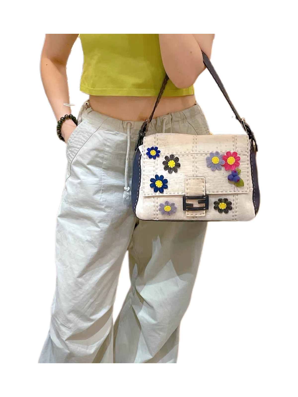 Fendi Selleria Vintage Floral Felt Baguette Bag Medium Blue & White Patchwork DIY Appliqué Runway Style Rare Numbered Piece
