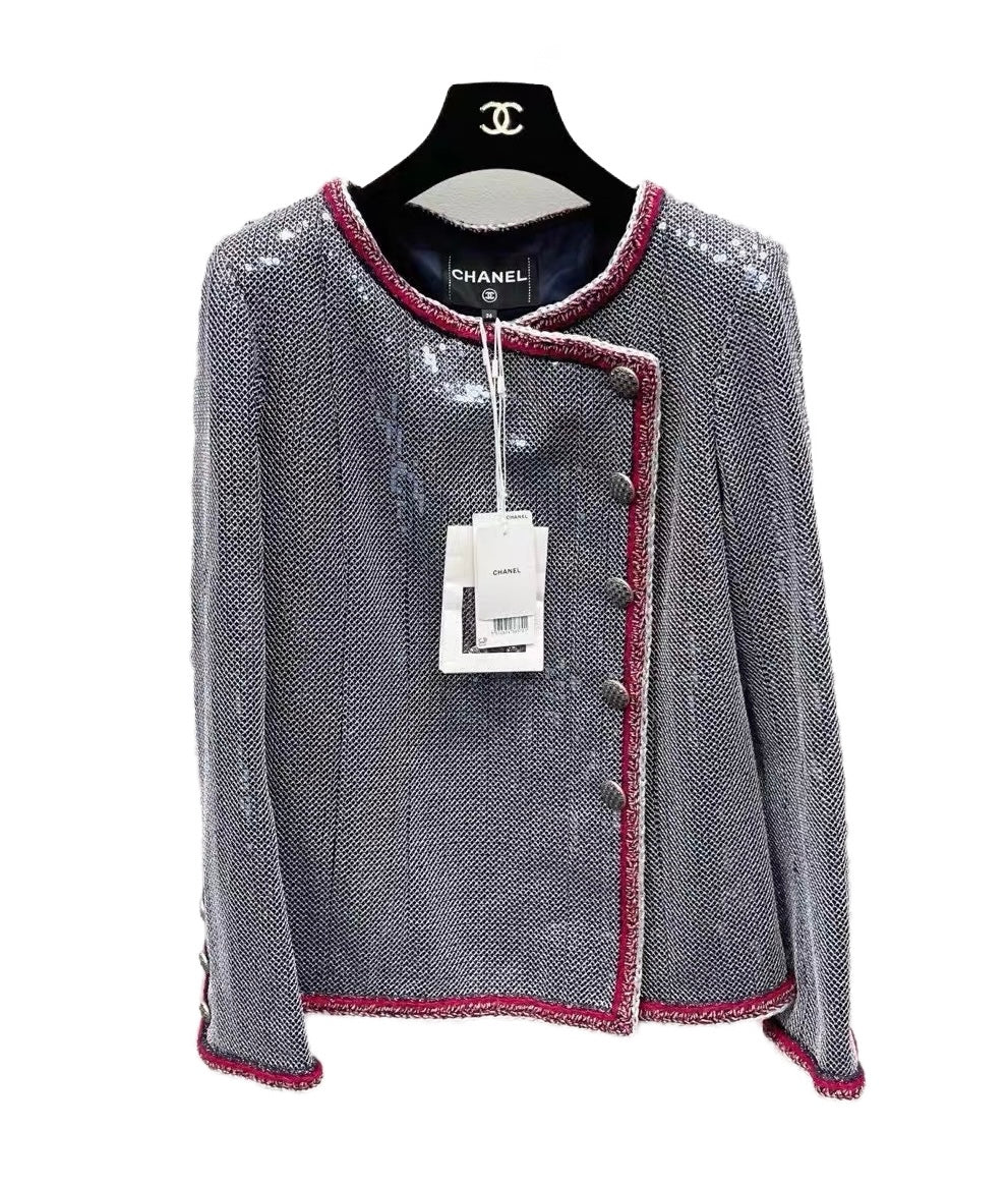 CHANEL S/S 2020 Runway Blue & Silver Sequin-Tweed Asymmetric Jacket with Contrast Crochet Trim