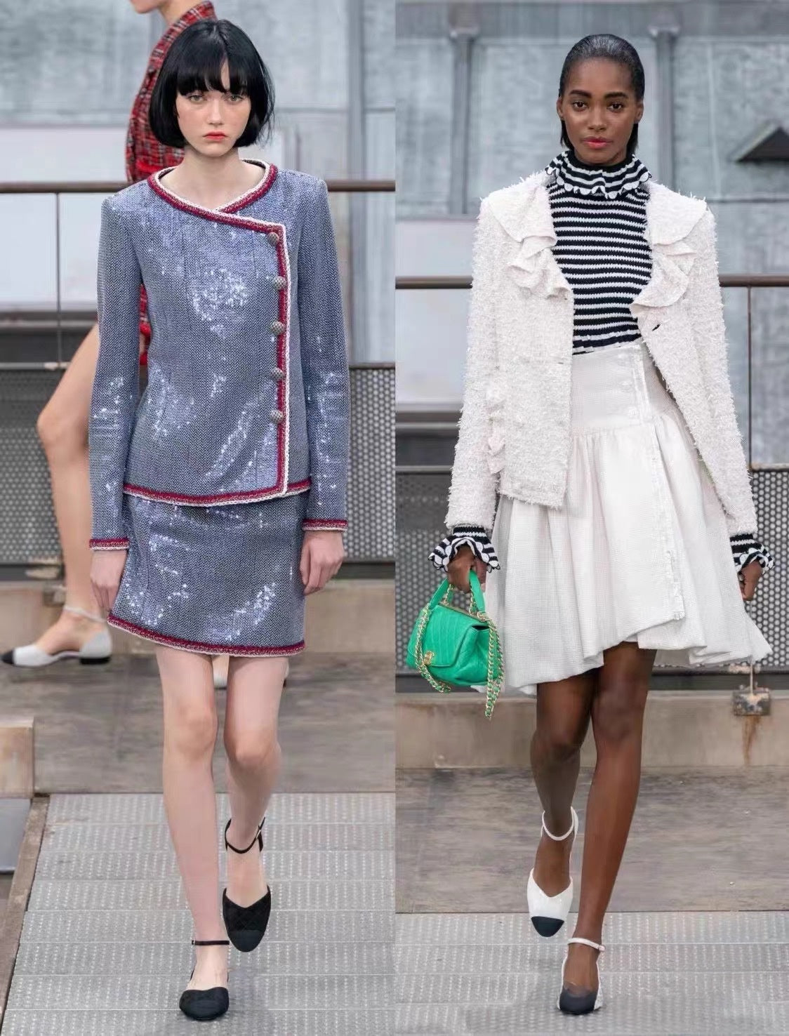 CHANEL S/S 2020 Runway Blue & Silver Sequin-Tweed Asymmetric Jacket with Contrast Crochet Trim