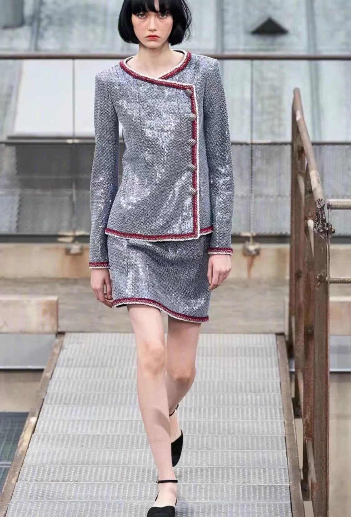 CHANEL S/S 2020 Runway Blue & Silver Sequin-Tweed Asymmetric Jacket with Contrast Crochet Trim