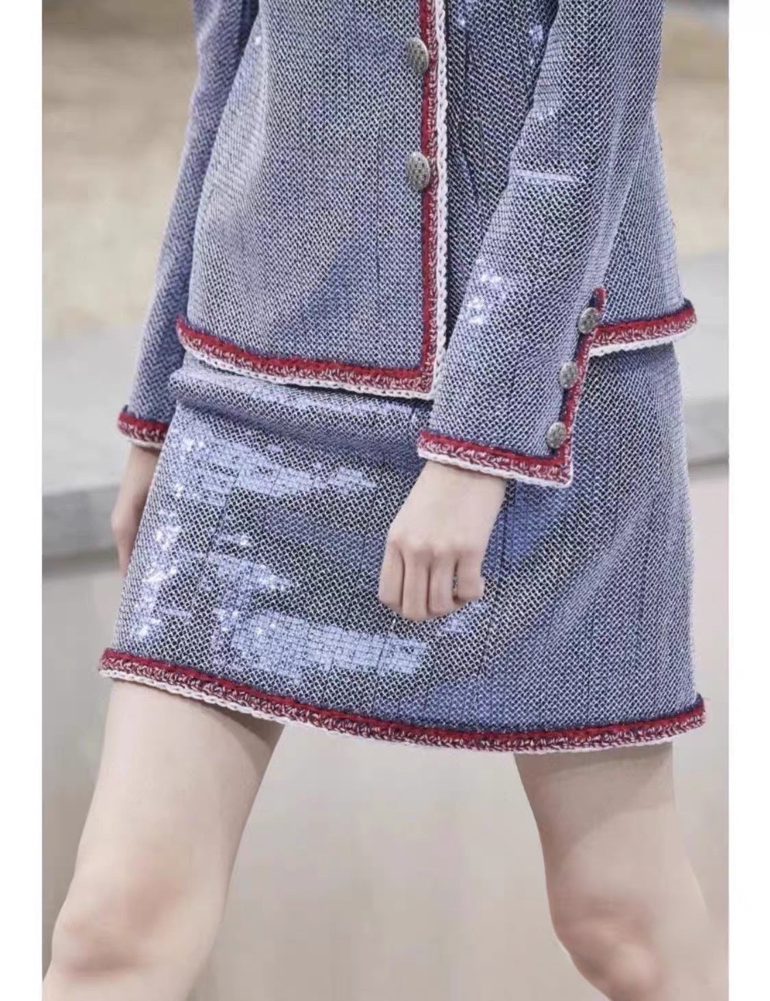 CHANEL S/S 2020 Runway Blue & Silver Sequin-Tweed Asymmetric Jacket with Contrast Crochet Trim