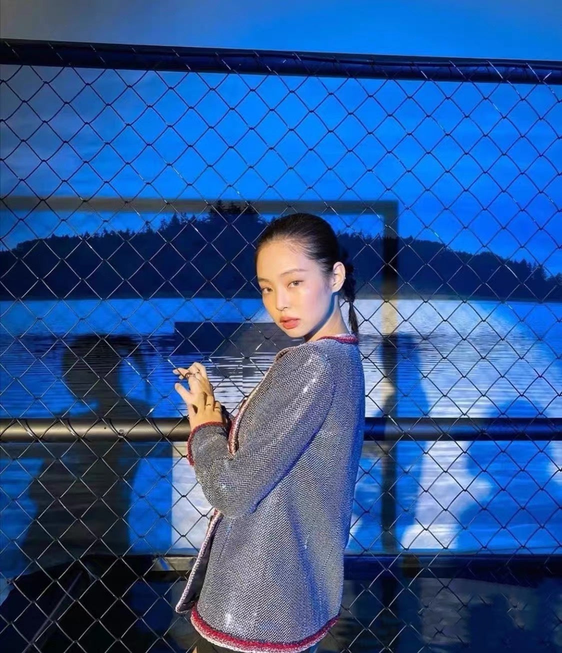 CHANEL S/S 2020 Runway Blue & Silver Sequin-Tweed Asymmetric Jacket with Contrast Crochet Trim