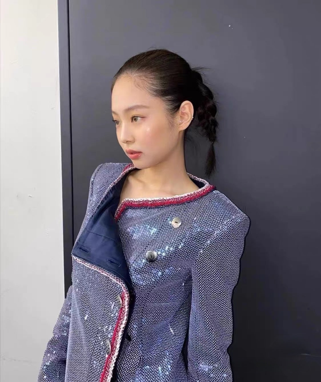 CHANEL S/S 2020 Runway Blue & Silver Sequin-Tweed Asymmetric Jacket with Contrast Crochet Trim