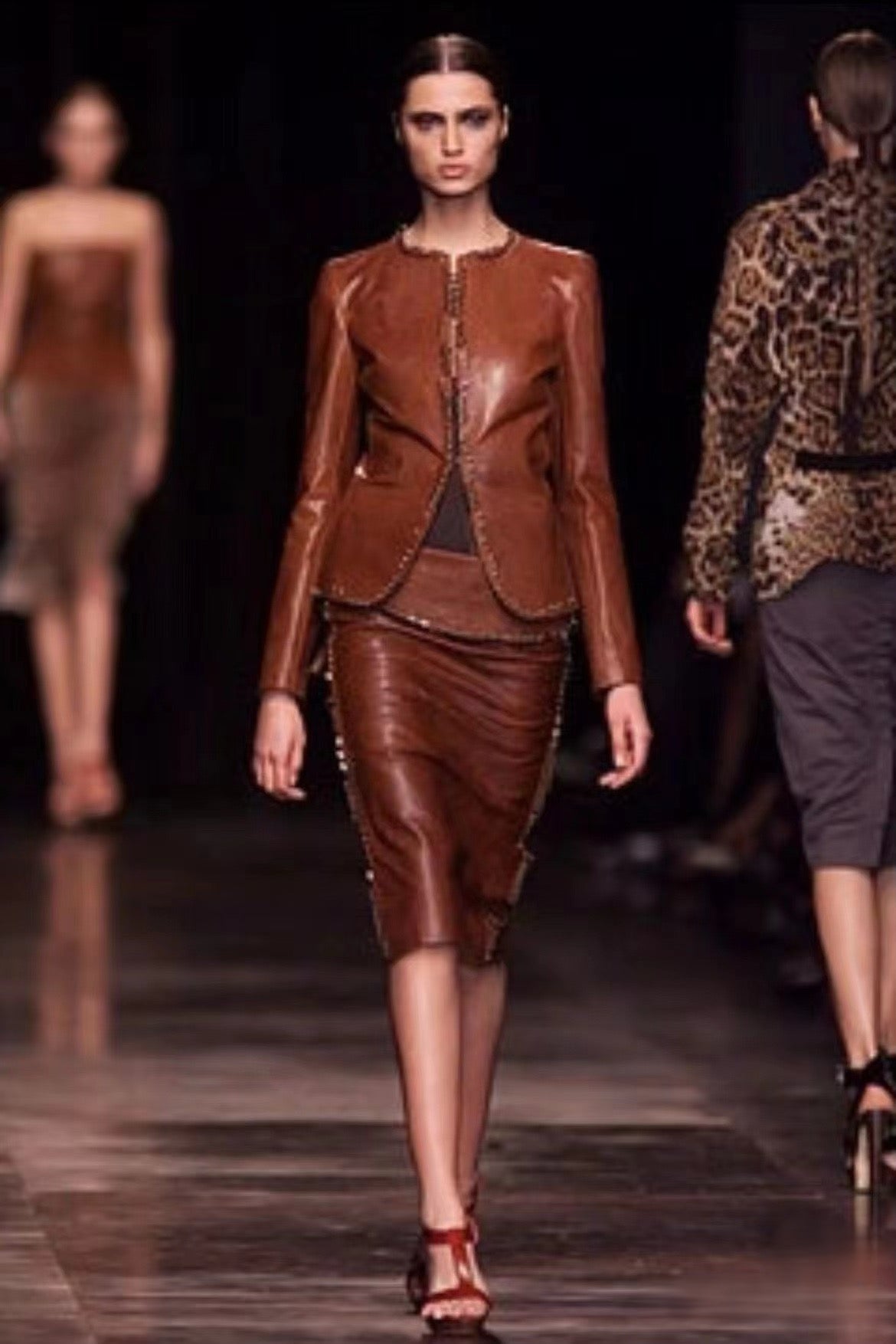 Yves Saint Laurent by Tom Ford 2002 Runway Brown Leather Ring-Detail Skirt Metal Hardware Lace-Up Adjustable Rare Archive Piece