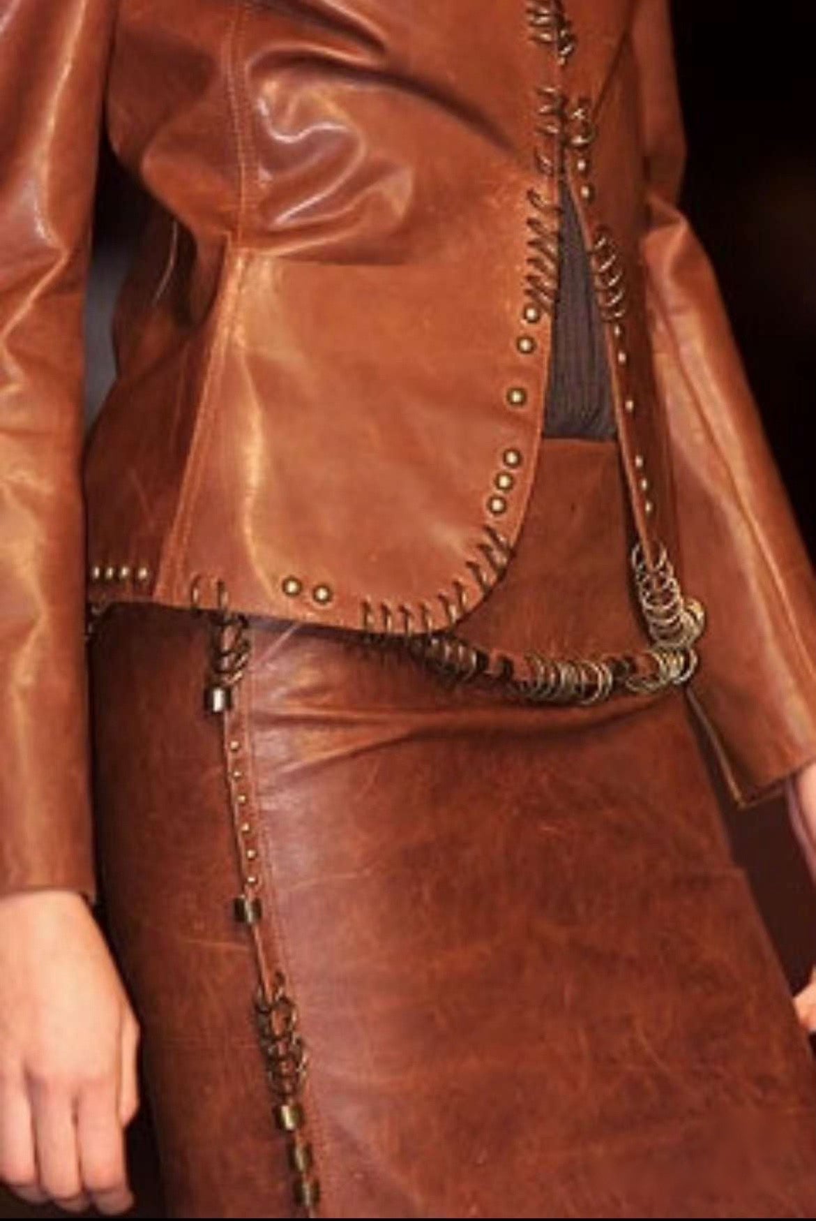 Yves Saint Laurent by Tom Ford 2002 Runway Brown Leather Ring-Detail Skirt Metal Hardware Lace-Up Adjustable Rare Archive Piece