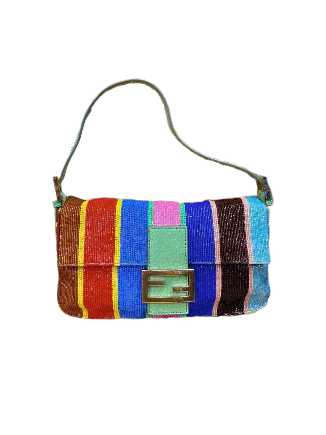 Fendi Limited Edition Multicolor Beaded Baguette Bag Y2K Rainbow Stripe Hand-Embellished Rare Collector Piece