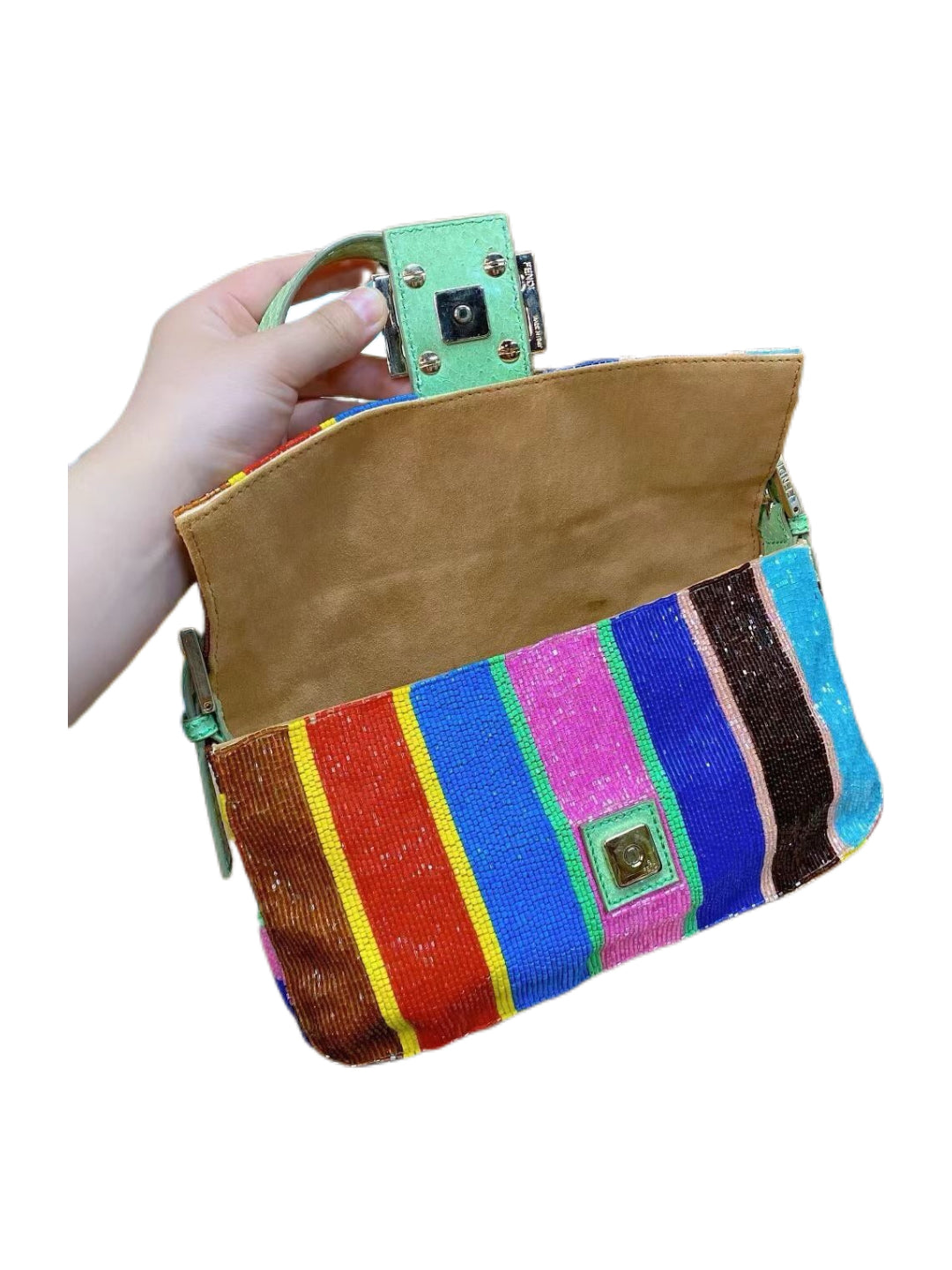 Fendi Limited Edition Multicolor Beaded Baguette Bag Y2K Rainbow Stripe Hand-Embellished Rare Collector Piece